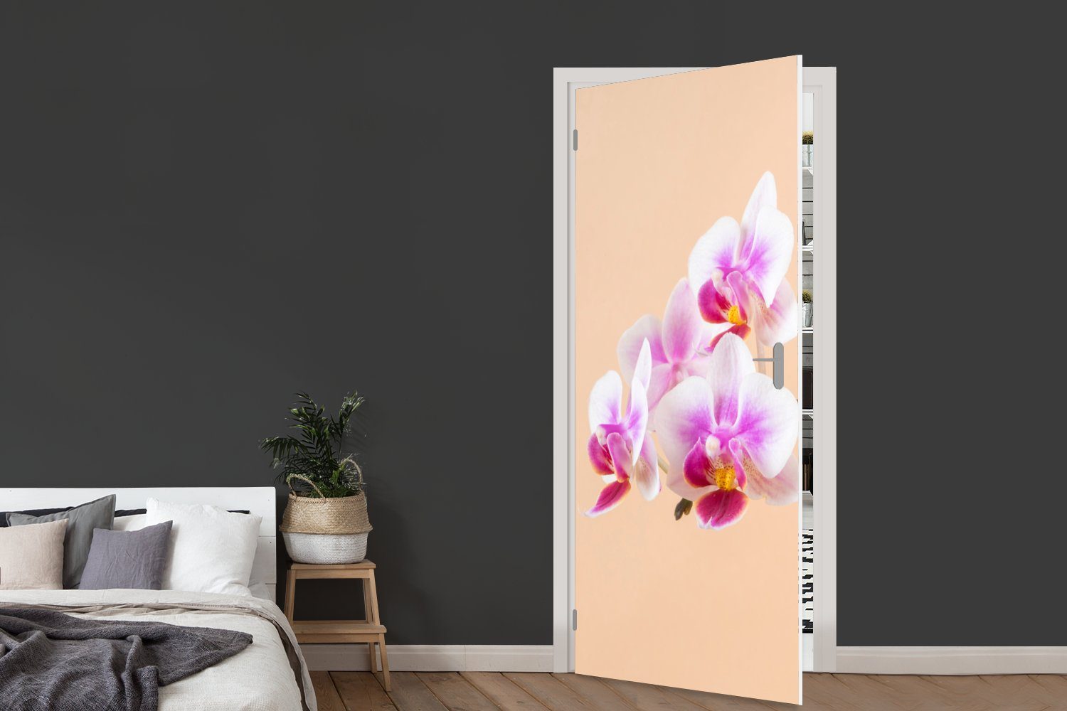 Türtapete bedruckt, Orchidee, und (1 rosa Tür, MuchoWow Türaufkleber, St), cm 75x205 für Weiße Fototapete Matt,