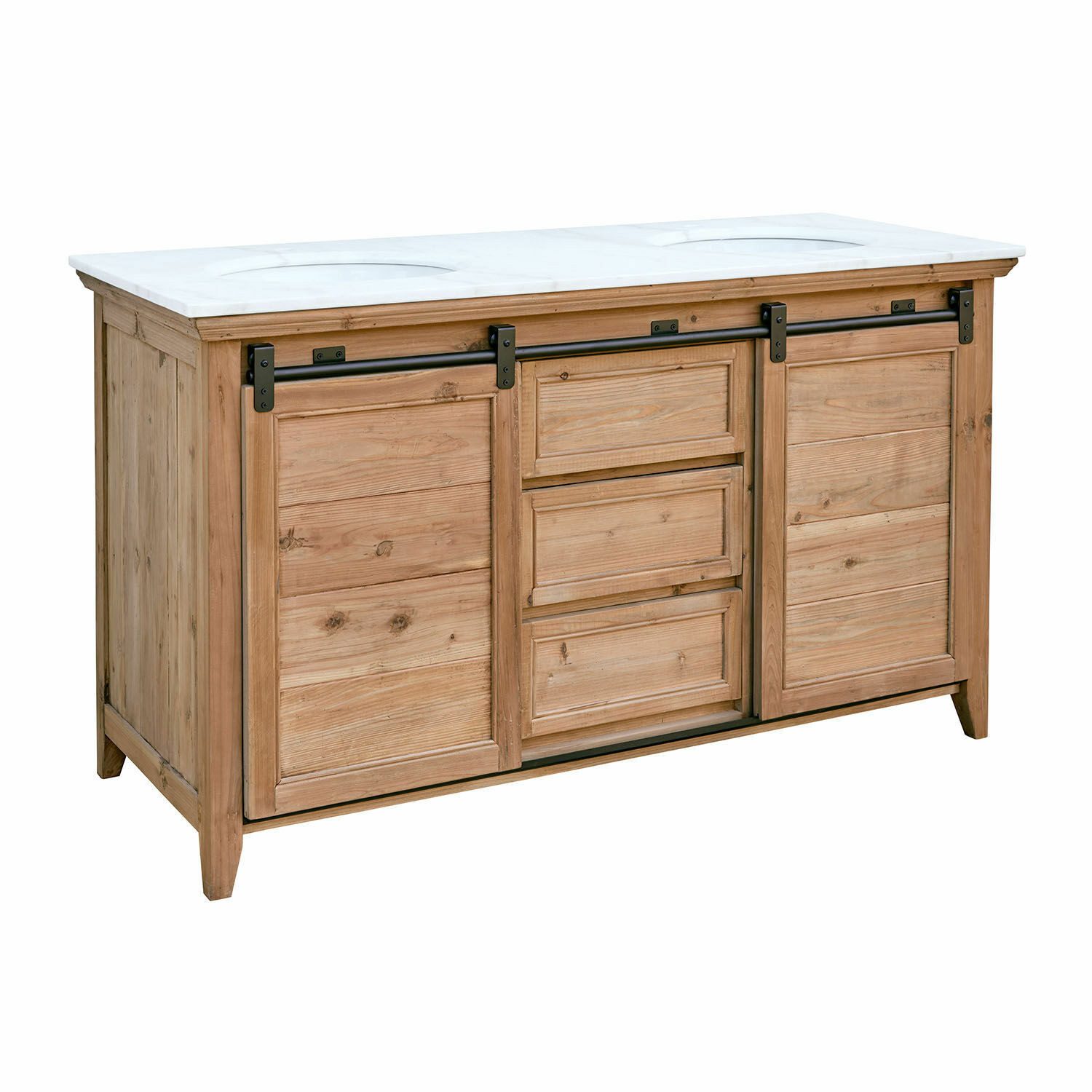 Mirabeau Waschtisch rustikaler Doppelwaschtisch Montcourt aus Holz mit Marmorplatte braun (massiv & funktional, 2 Keramikbecken, Schiebetüren & Schubladen), Waschbecken, Unterschrank, Landhausstil, B 152cm, H 87cm, T 60cm