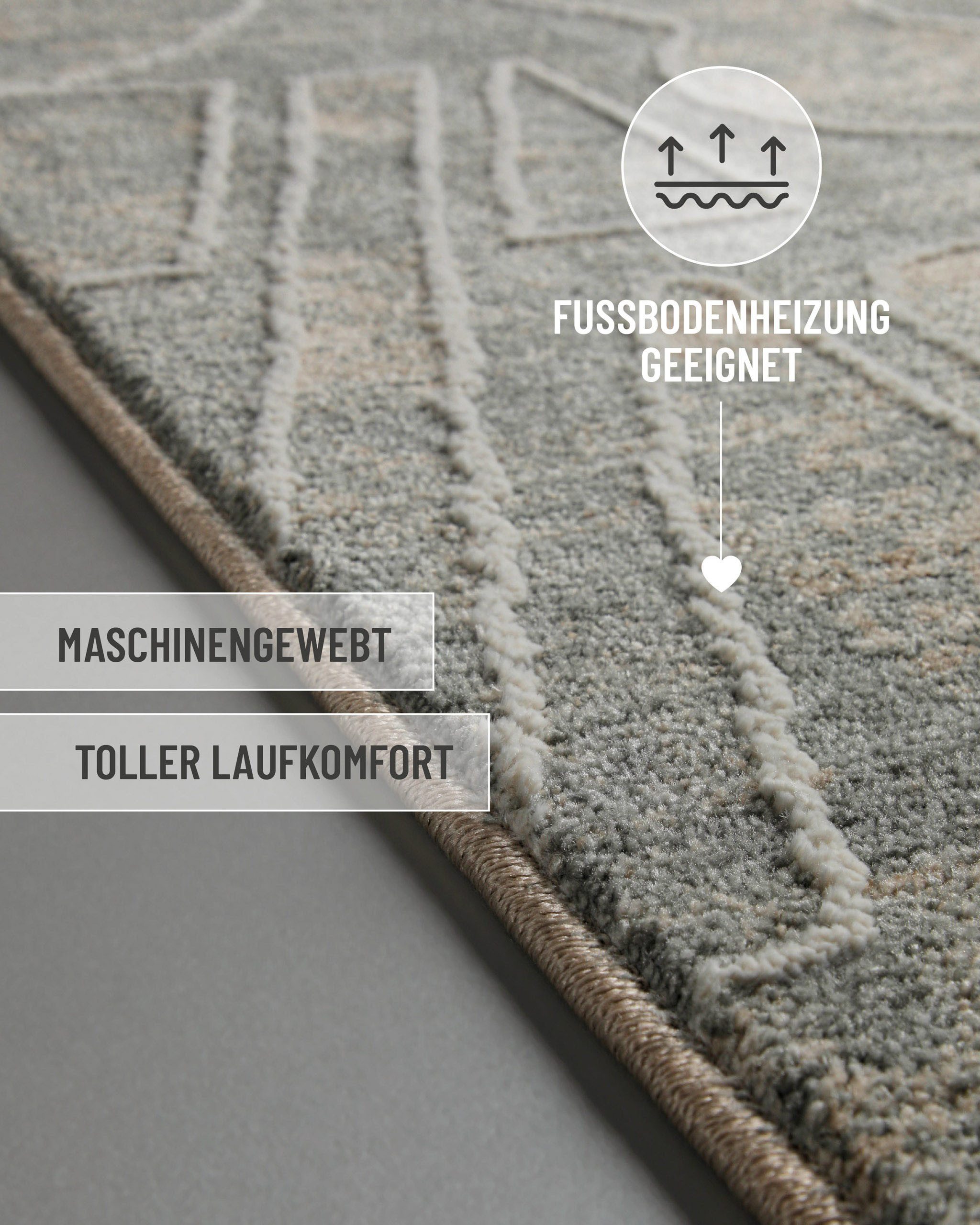 Esprit Teppich Beatle-B, rechteckig, Höhe: 15 mm, Kurzflor, grafisches Design, Hoch-Tief-Effekt, waschbar, Jute-Rücken