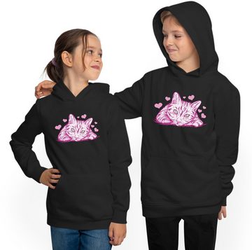 MyDesign24 Hoodie Kinder Kapuzen Sweatshirt - Katzen Hoodie mit rosa Herzen Kapuzensweater mit Aufdruck, i122