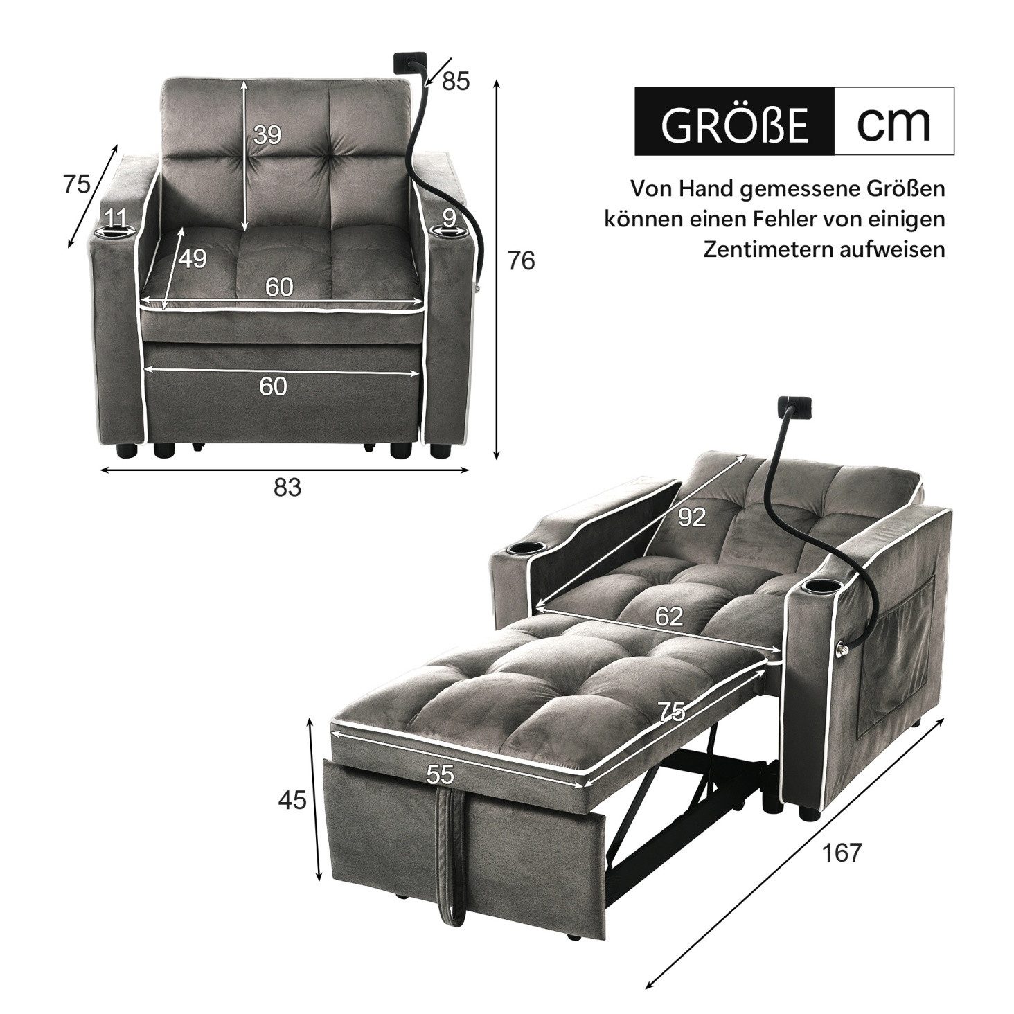 IDEASY Schlafsofa Schlafsofa Sessel ausziehbar mit Getränkehaltern und Handyhalter, 3-fach verstellbare Rückenlehne, 2 Getränkehalter, Handyhalterung
