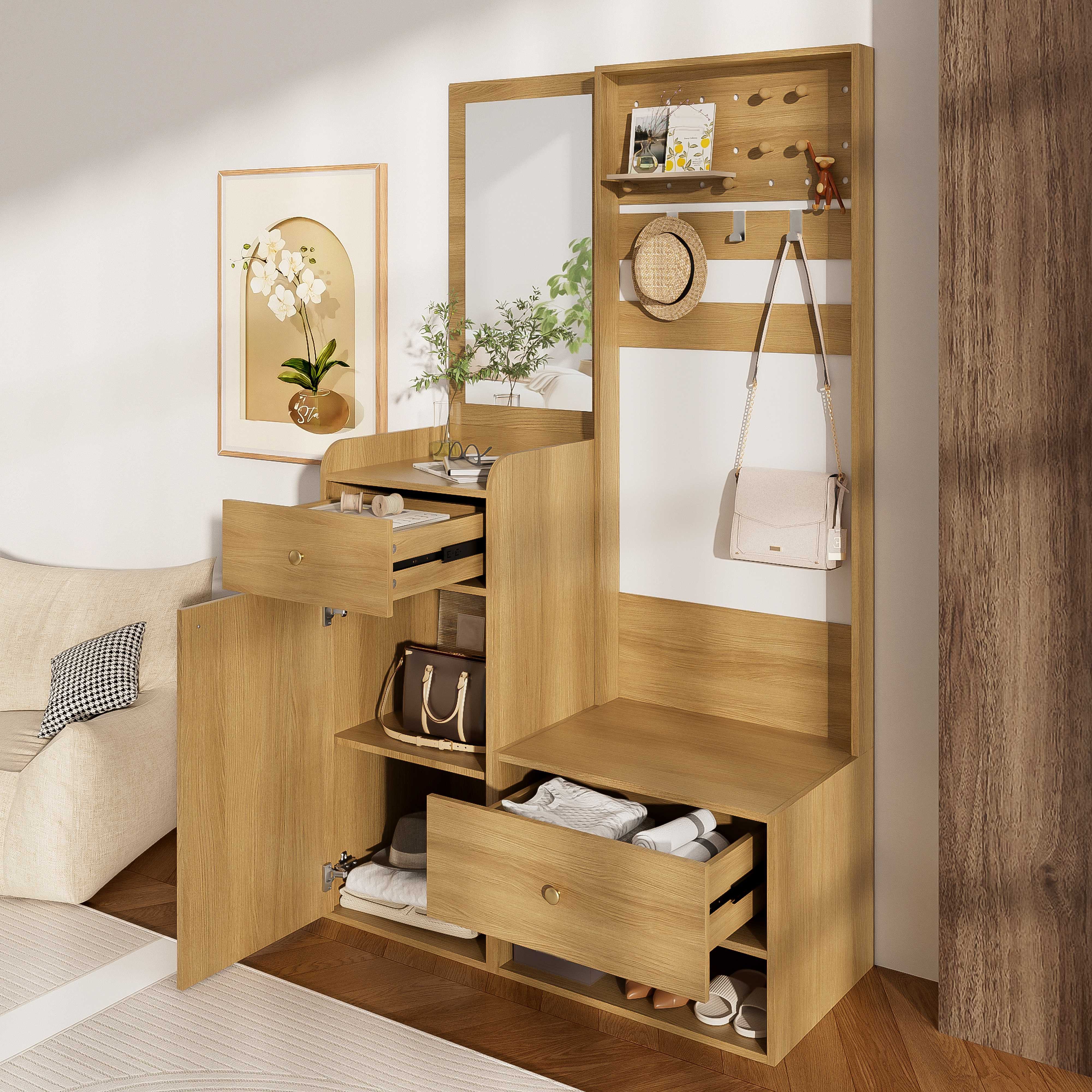 BlingBin Garderobenschrank Garderoben-Set Kleiderschrank garderobenschränke Flurschrank (verstellbaren Haken und geräumigen Regalen für Schuhe, Mäntel und kleine Gegenstände, 1-St., mit Spiegel, Schubladen, Schrank und Haken) Modernes Multifunktionales Eingangsregal,105×38×180cm