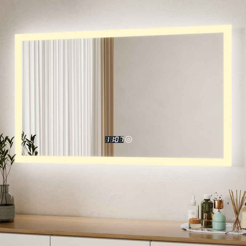 WDWRITTI Schminkspiegel Wandmontage Wandspiegel groß 100x60 mit LED beleuchtung (Badspiegel Led Warmweiß, Kaltweiß, Neutralweiß, Touch, Wandschalter, Uhr, Helligkeit dimmbar), Speicherfunktion, IP44