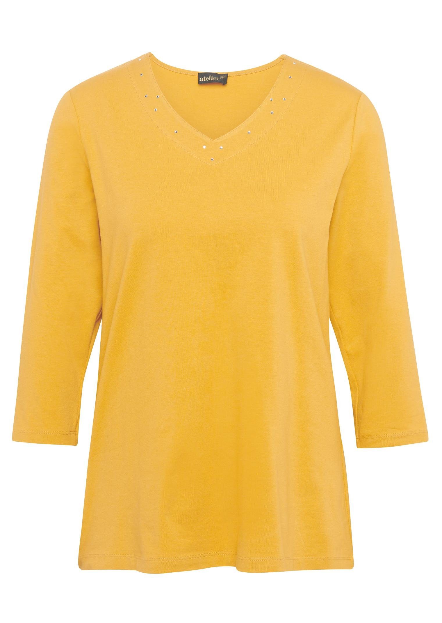GOLDNER 3/4-Arm-Shirt Ausschnitt mit und Schmucksteinchen safran T-Shirt charmantem