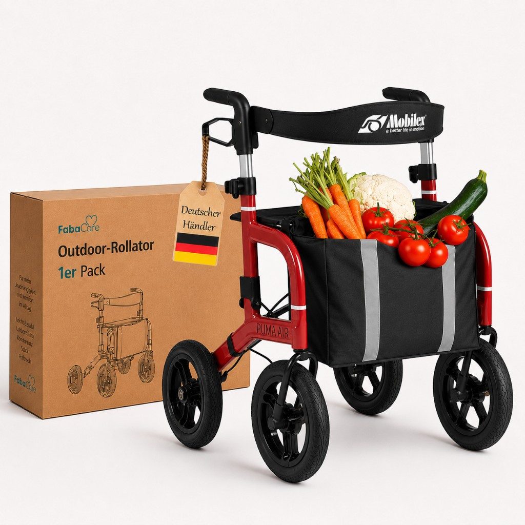 FabaCare Rollator Outdoor Puma Air Gehwagen, Gehhilfe für Senioren mit Luftbereifung