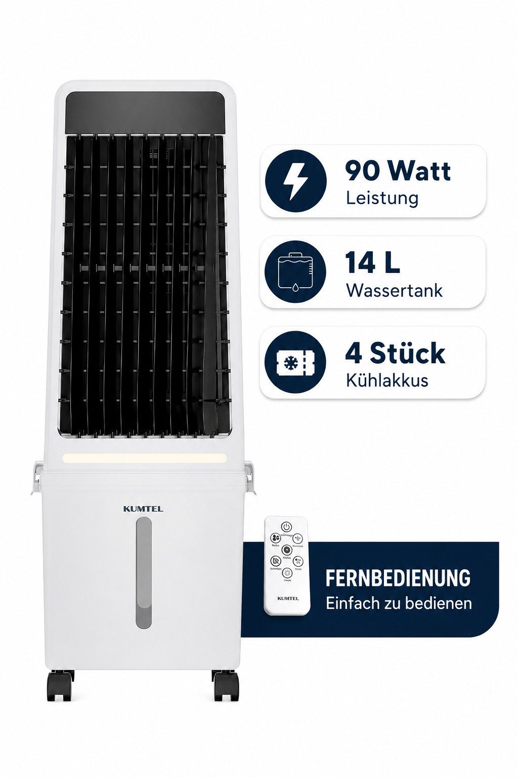 KUMTEL Standventilator HAC-04, 90 W,14-Liter-Wassertank,Timer, LED-Licht, mit Fernbedienung