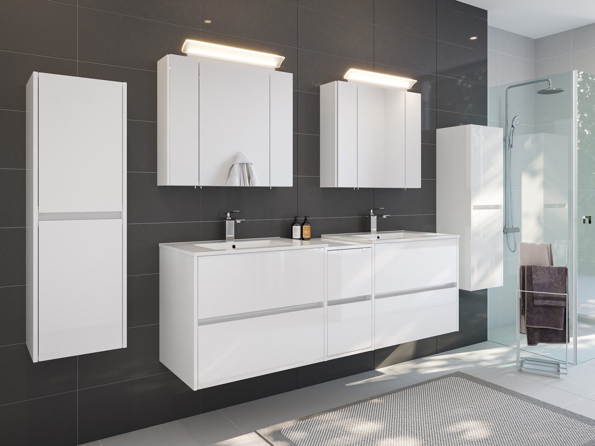 Magnolia Home Waschtisch Badmöbelset Taifun 170cm 5tlg mit 2x Spiegelschrank & 2x Seitenschrank