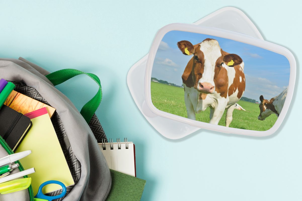 MuchoWow Lunchbox Porträt - Kuh Mädchen für (2-tlg), für - Jungs Brotbox Kunststoff, Kinder Braun, und weiß und Erwachsene, Brotdose