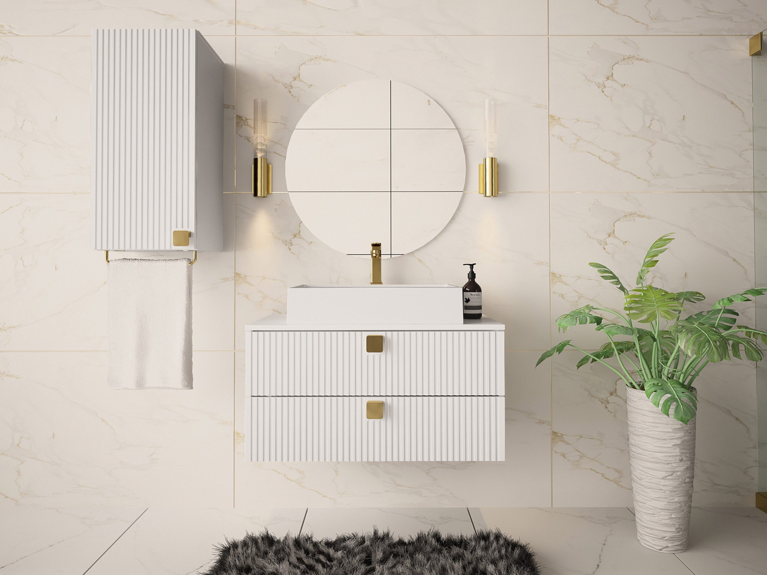 MIRJAN24 Badmöbel-Set Gariano IV, (3er-Set, mit Siphon, Waschbecken, Badezimmerschrank, Waschbeckenschrank), Griffe in der Farbe Gold