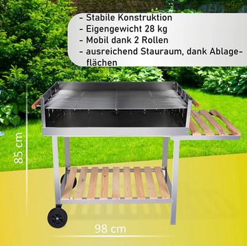 RESCH Holzkohlegrill 502599 BBQ mobiler Grillwagen, 10 Personen, 145 x 90 x 60cm, Grill, für Garten, Balkon, Camping, Terasse geeignet, Edelstahl Grillstation, Barbecue Griller, Holzkohlegrill, XXL Standgrill Outdoor Balkongrill Gartengrill Kohlegrill Campinggrill