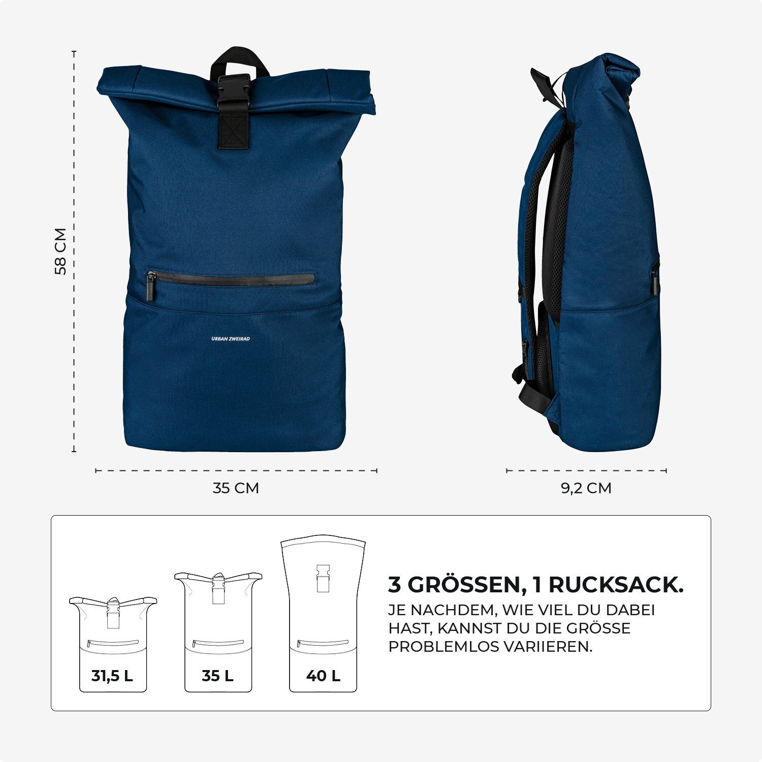 URBAN ZWEIRAD Freizeitrucksack Roll Top Rucksack HYBRID 31l Fahrradrucksack wasserabweisend