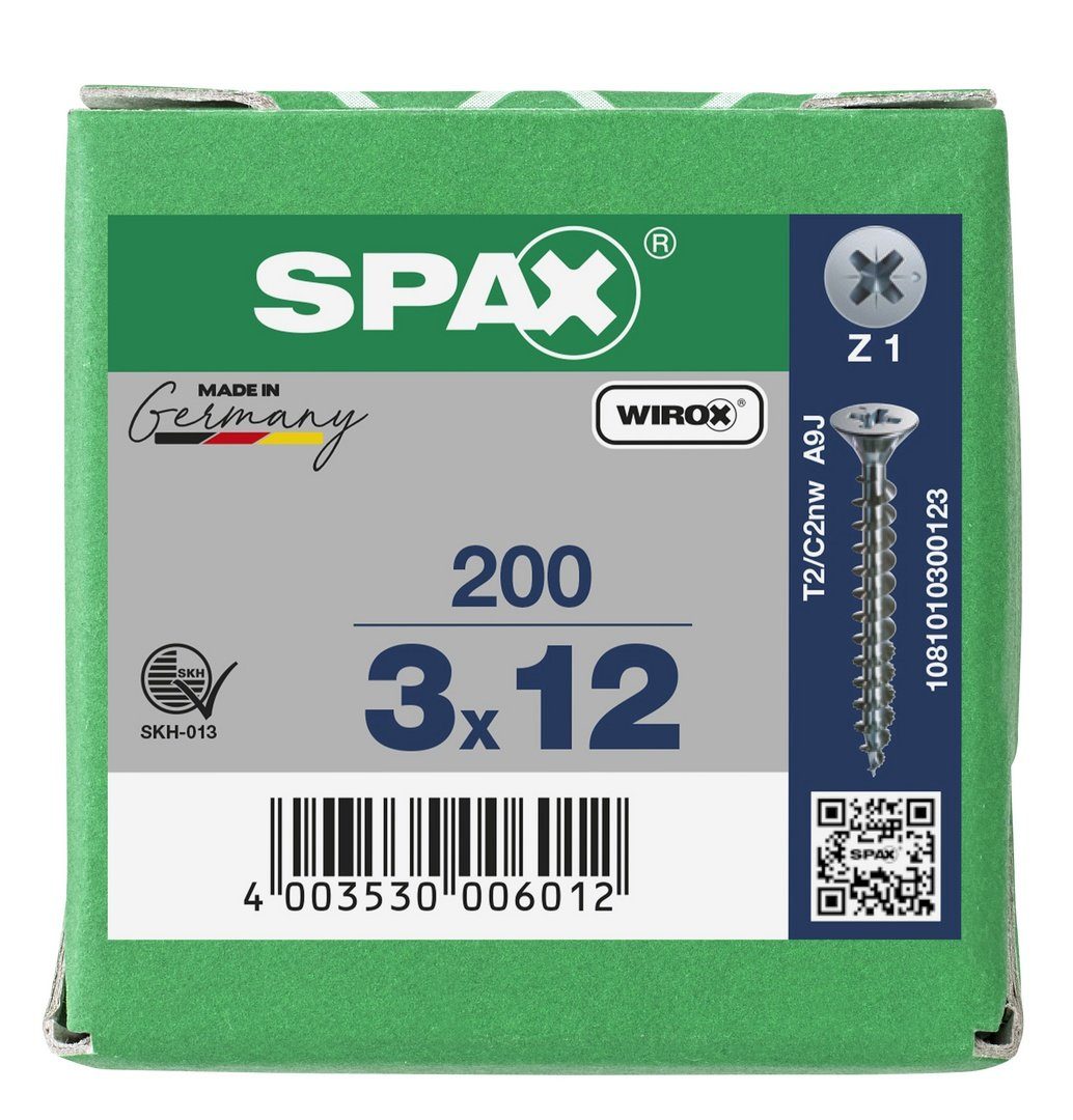 weiß SPAX 200 3x12 verzinkt, Universalschraube, (Stahl St), mm Spanplattenschraube