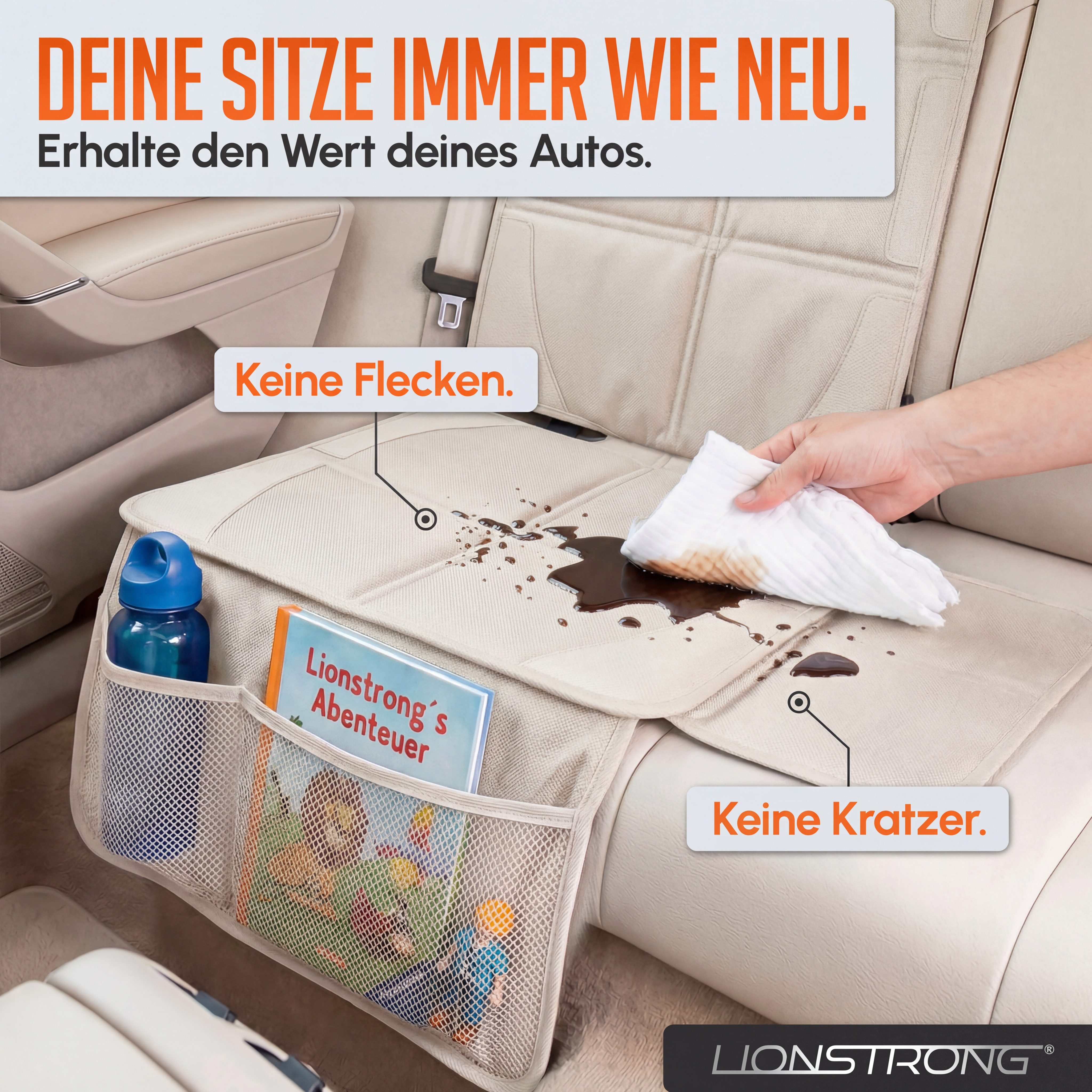 LIONSTRONG Kindersitzunterlage Premium, Autositzschoner [ISOFIX GEEIGNET], wasserabweisender Polyester Stoff, Sitzschutz Sitzschoner Auto Kindersitz - universell kompatibel