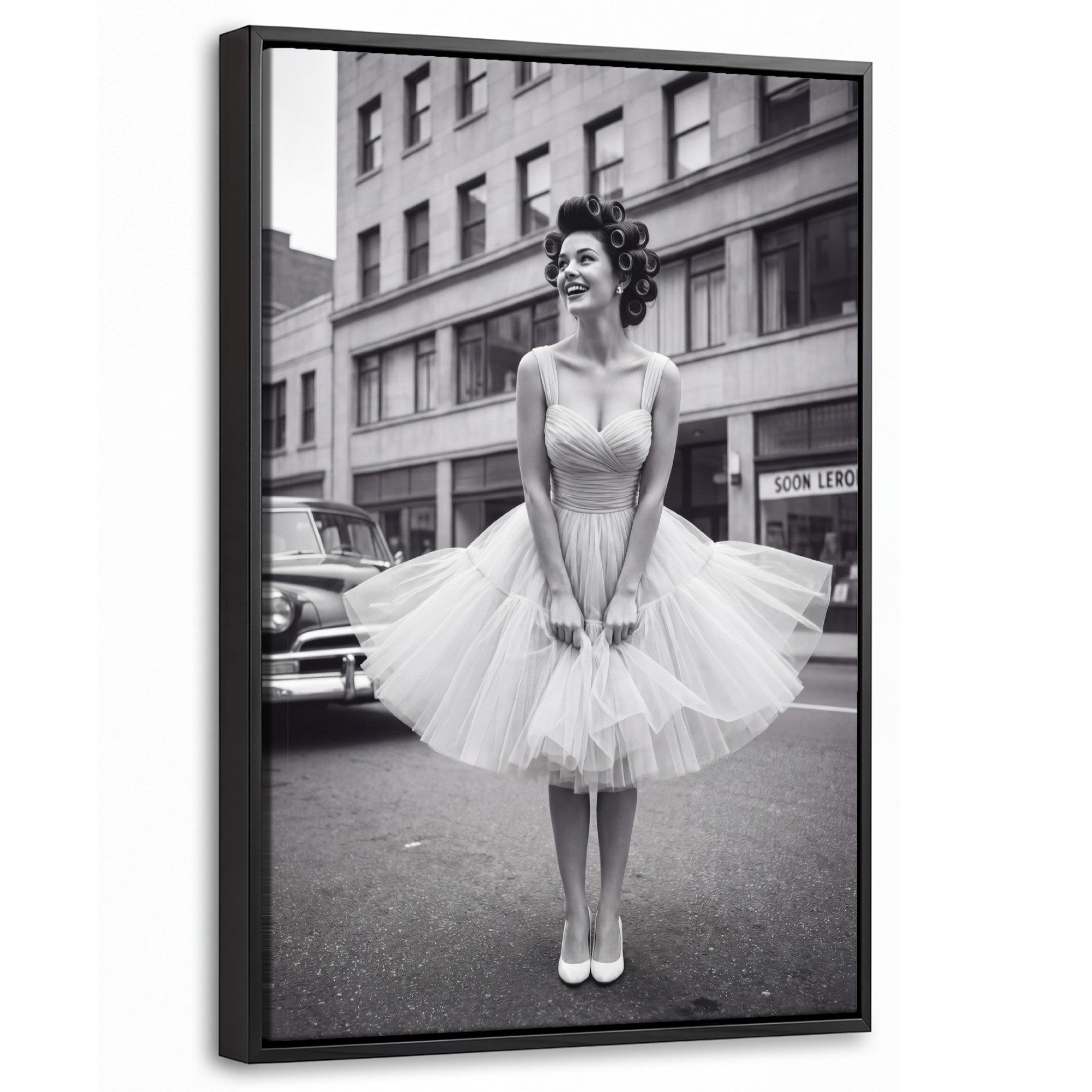 OneMillionCanvasses® Leinwandbild mit Rahmen - Retro - Frau - Schwarz - Weiß, Fotodruck (1 St), Deko für Wohnzimmer Schlafzimmer Küche 20x30cm