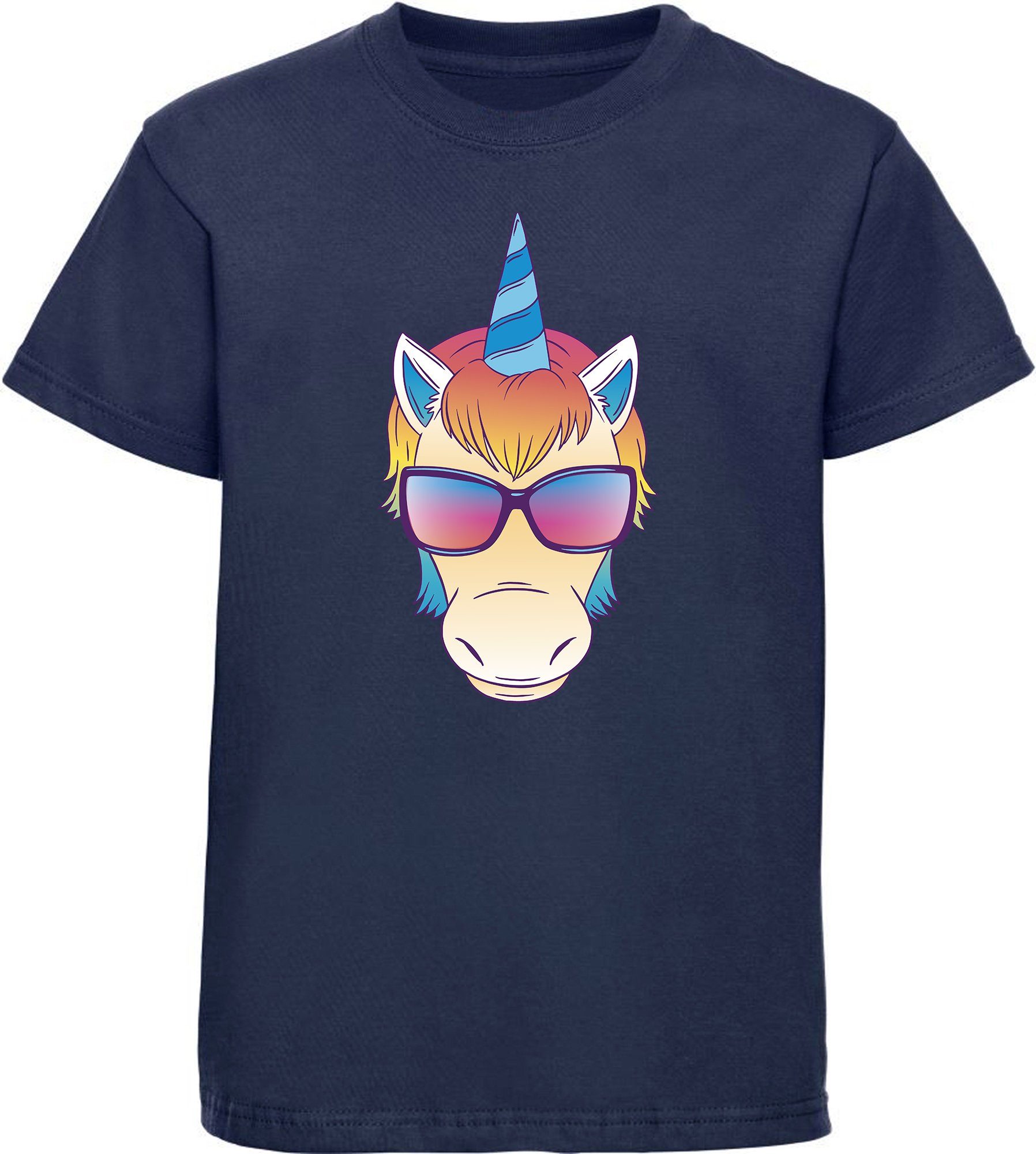 MyDesign24 T-Shirt Kinder Print Shirt bedruckt - Einhorn Kopf mit Sonnenbrille Baumwollshirt mit Aufdruck, i255 navy blau