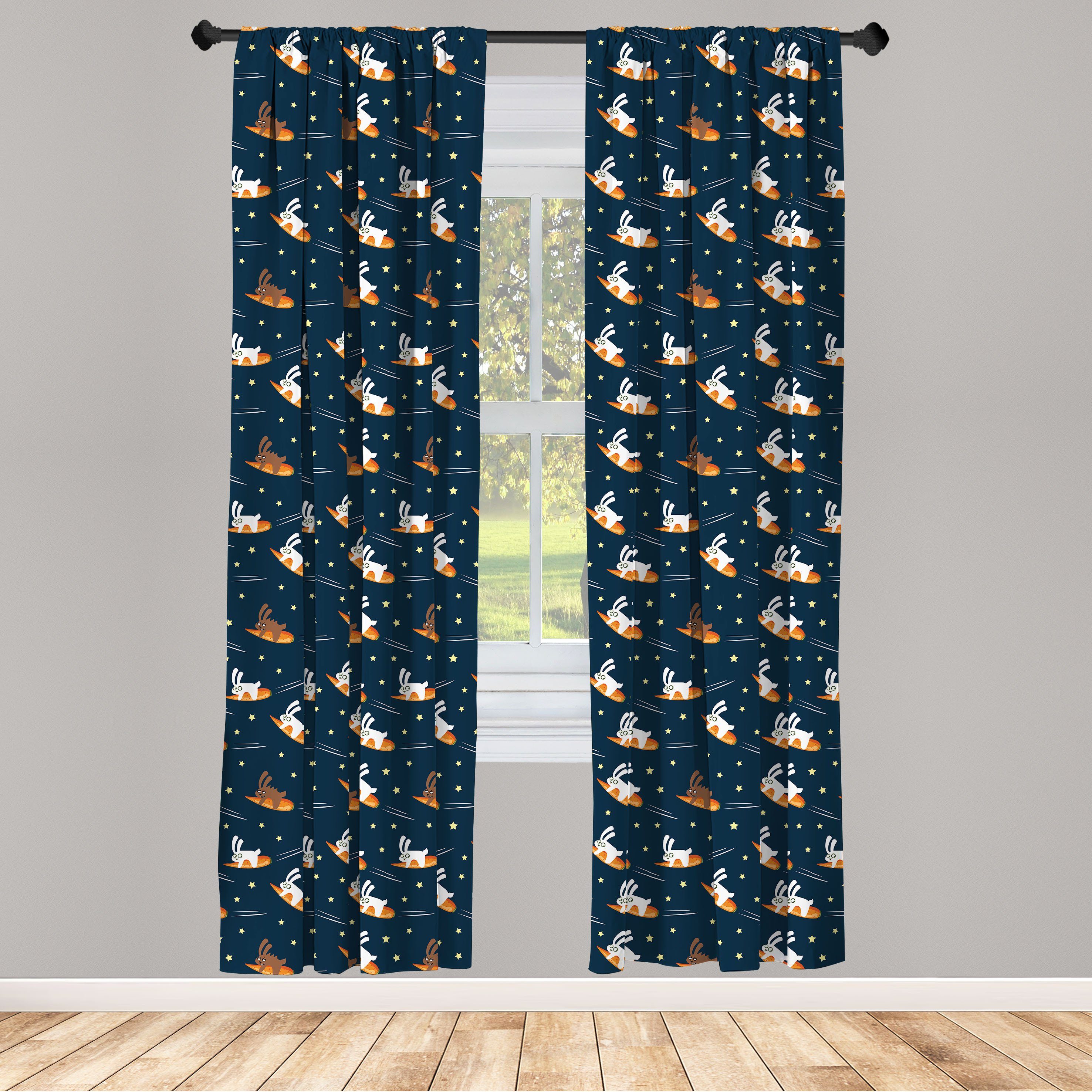 Gardine Vorhang für Wohnzimmer Schlafzimmer Dekor, Abakuhaus, Microfaser, Kinder Kaninchen Fliegen auf Karotte