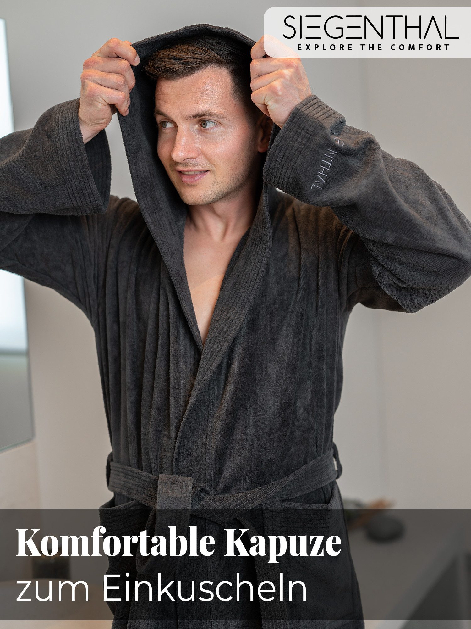 SIEGENTHAL Herrenbademantel 100% Baumwolle Frottee Velours mit Kapuze Wadenlang Wellness und Spa, Kapuze, Bindegürtel, Wadenlang, 2x Taschen, 100% Baumwolle, we – Bild 5 von 5