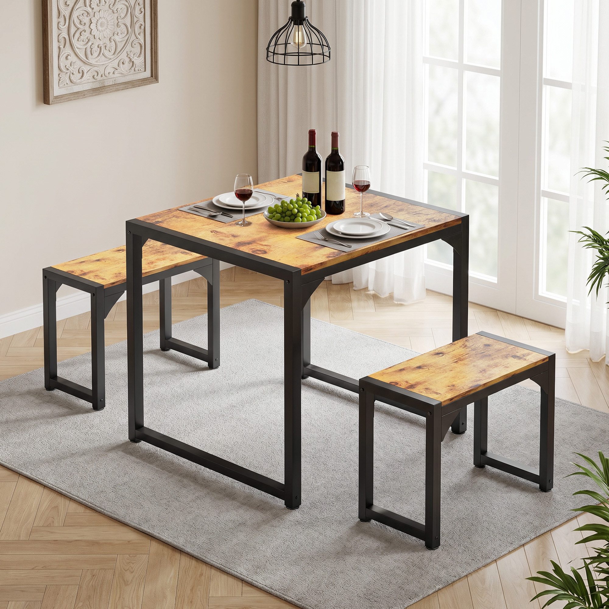 Bealife Essgruppe 3er-Set, Esstisch mit 2 Bänken, Stuhl unter dem Tisch verstaubar