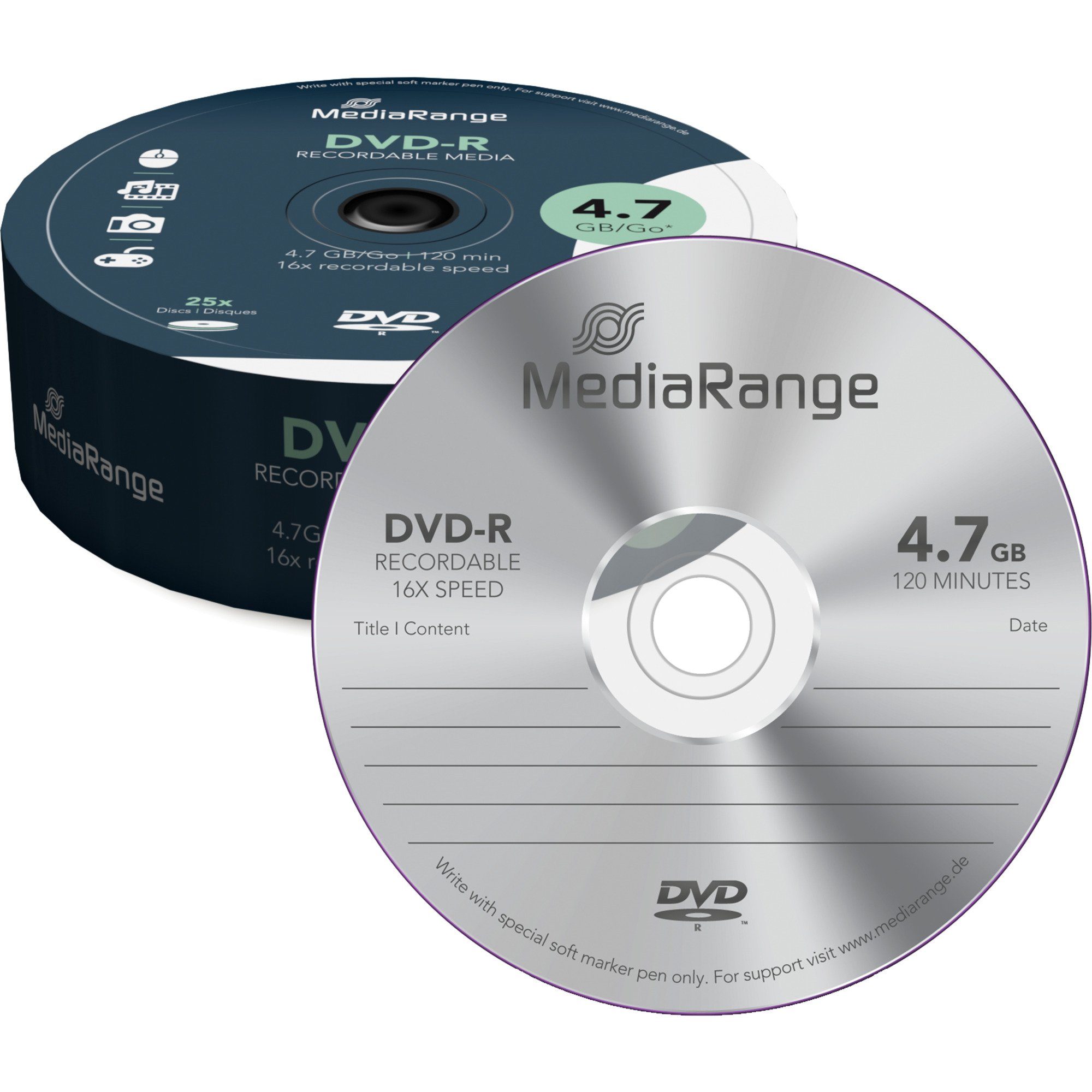 Mediarange DVD-Rohling MediaRange DVD-R 4,7 GB, DVD-Rohlinge, (16fach, 25