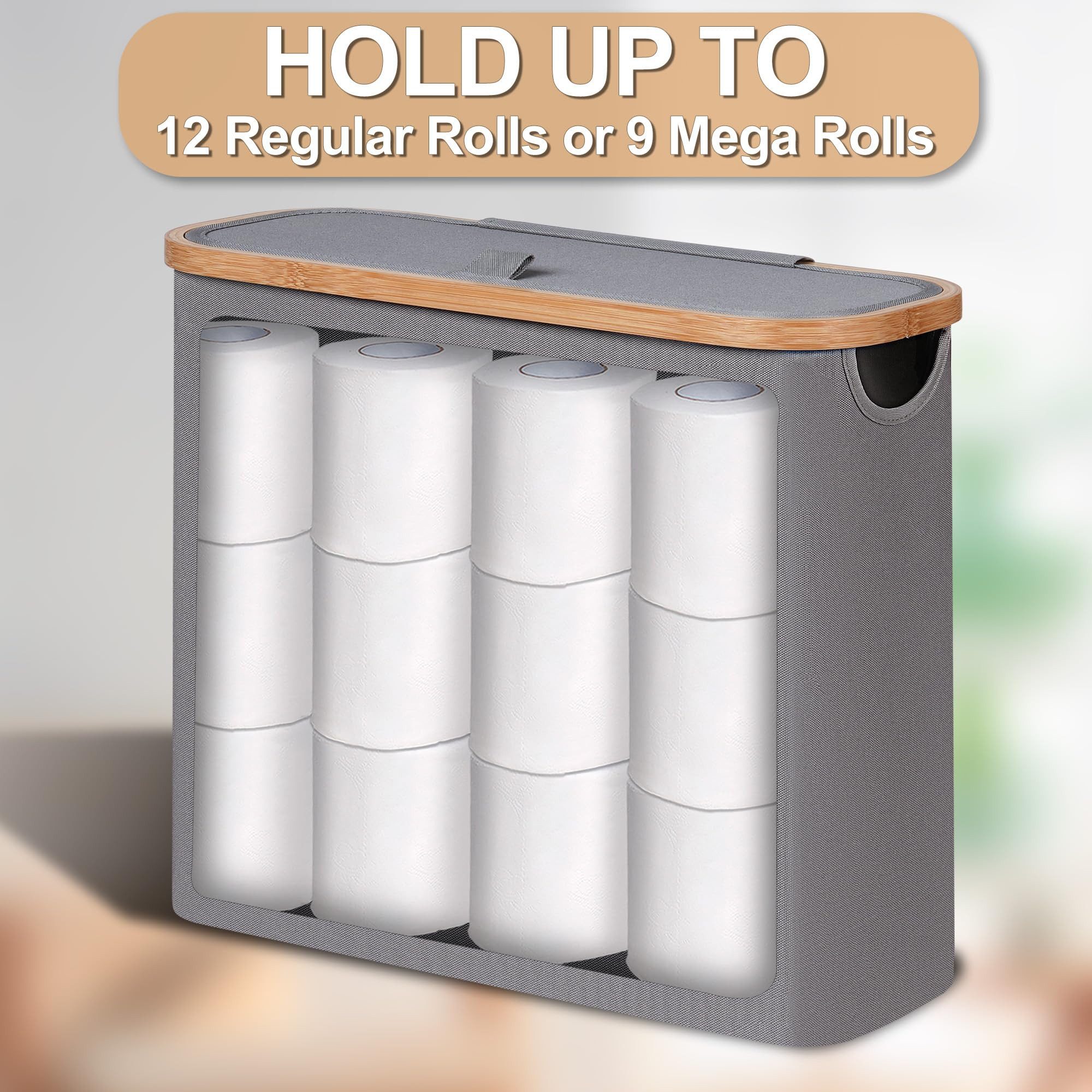 SURFOU Toiletten-Ersatzrollenhalter 28 L Toilettenpapier Aufbewahrungskorb mit Bambusdeckel (Schmaler Badezimmer Organizer für 9–12 Rollen Klopapier – faltbarer – Bild 4 von 5
