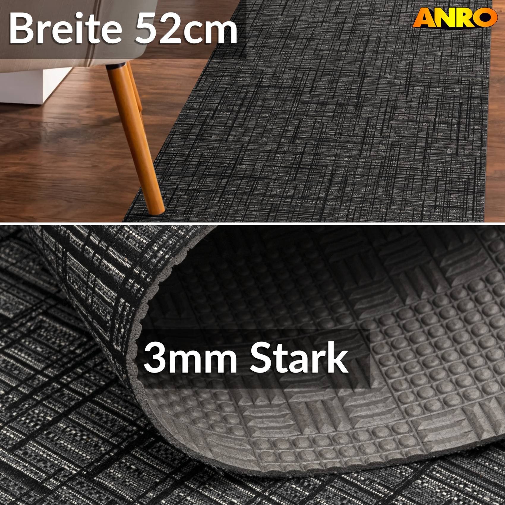 ANRO Läufer LUIGI Leinensstyle pflegeleicht hochwertig Flurläufer Küchenteppich, eckig, Höhe: 3 mm, Teppichläufer 100cm Einfarbig;uni;Meliert Anthrazit wasserdicht