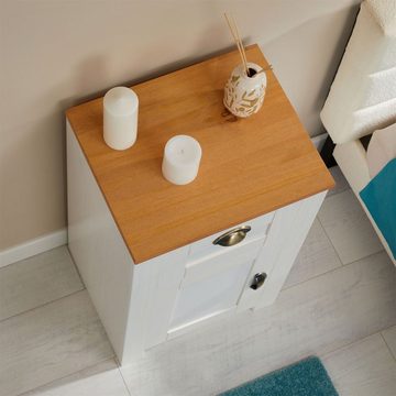 IDIMEX Nachtkommode BOLTON, Nachttisch aus Holz weiß/braun mit 1 Schublade und Tür Muschelgriffe L
