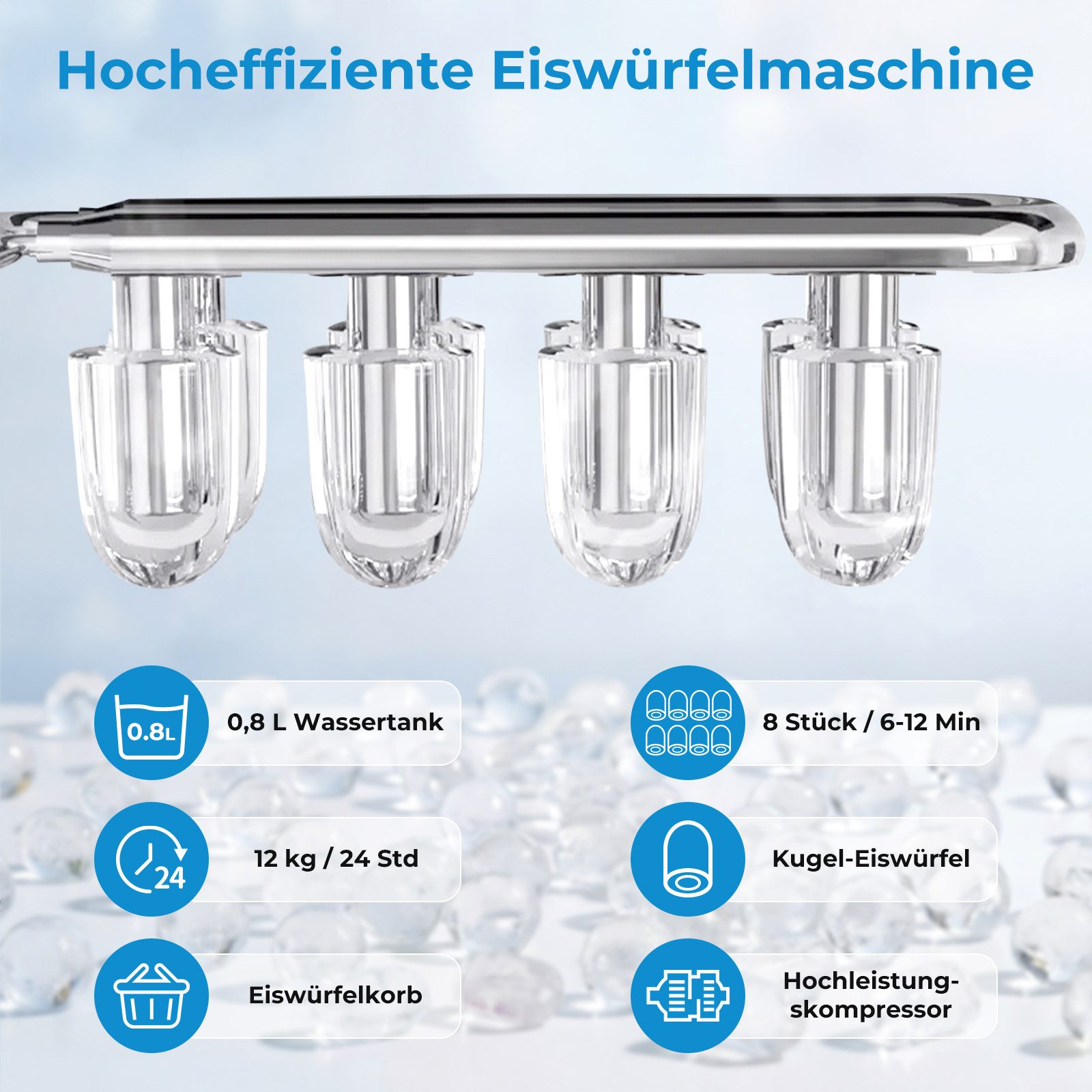 WELLENT Eiswürfelmaschine 12kg/24h mit LED-Sichtfenster,Selbstreinigungsfunktion,2 Eisgrößen, Eiswürfelmaschine Tragbar für Zuhause, Büro und Partys