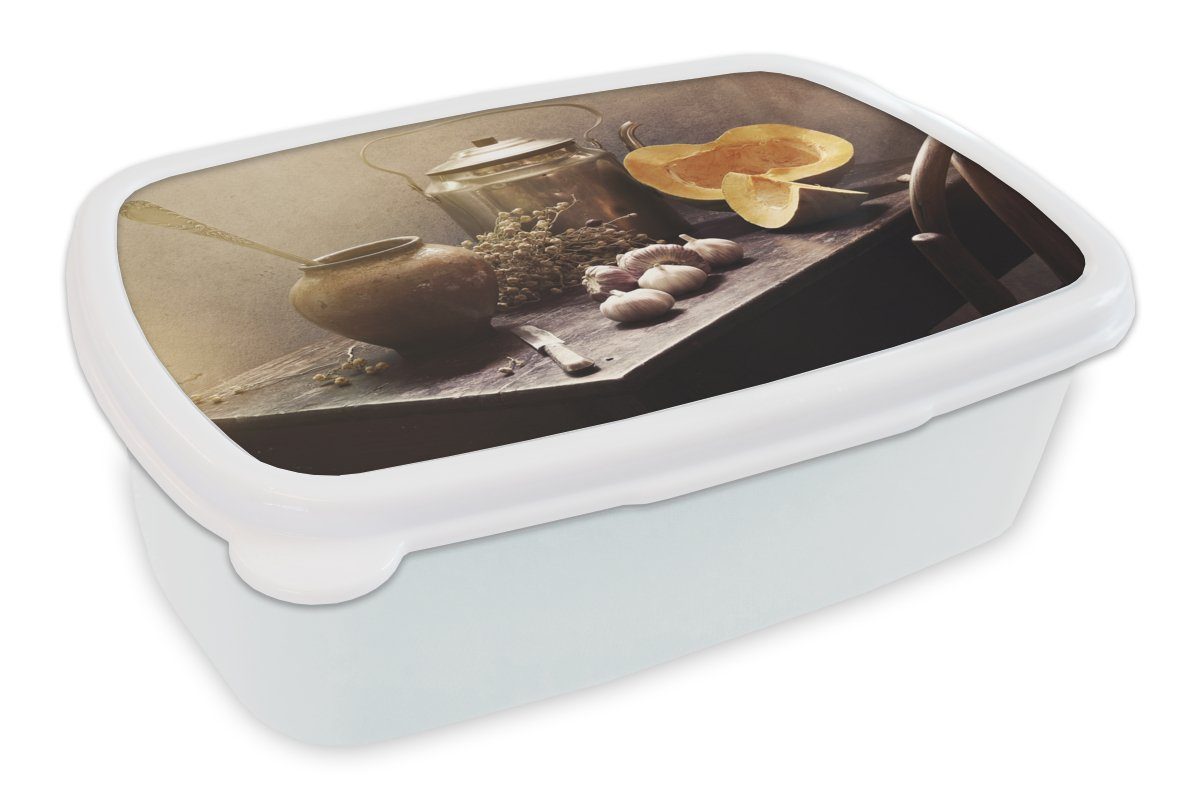 MuchoWow Lunchbox Stilleben - Kürbis - Knoblauch - Pfanne - Tisch, Kunststoff, (2-tlg), Brotbox für Kinder und Erwachsene, Brotdose, für Jungs und Mädchen weiß