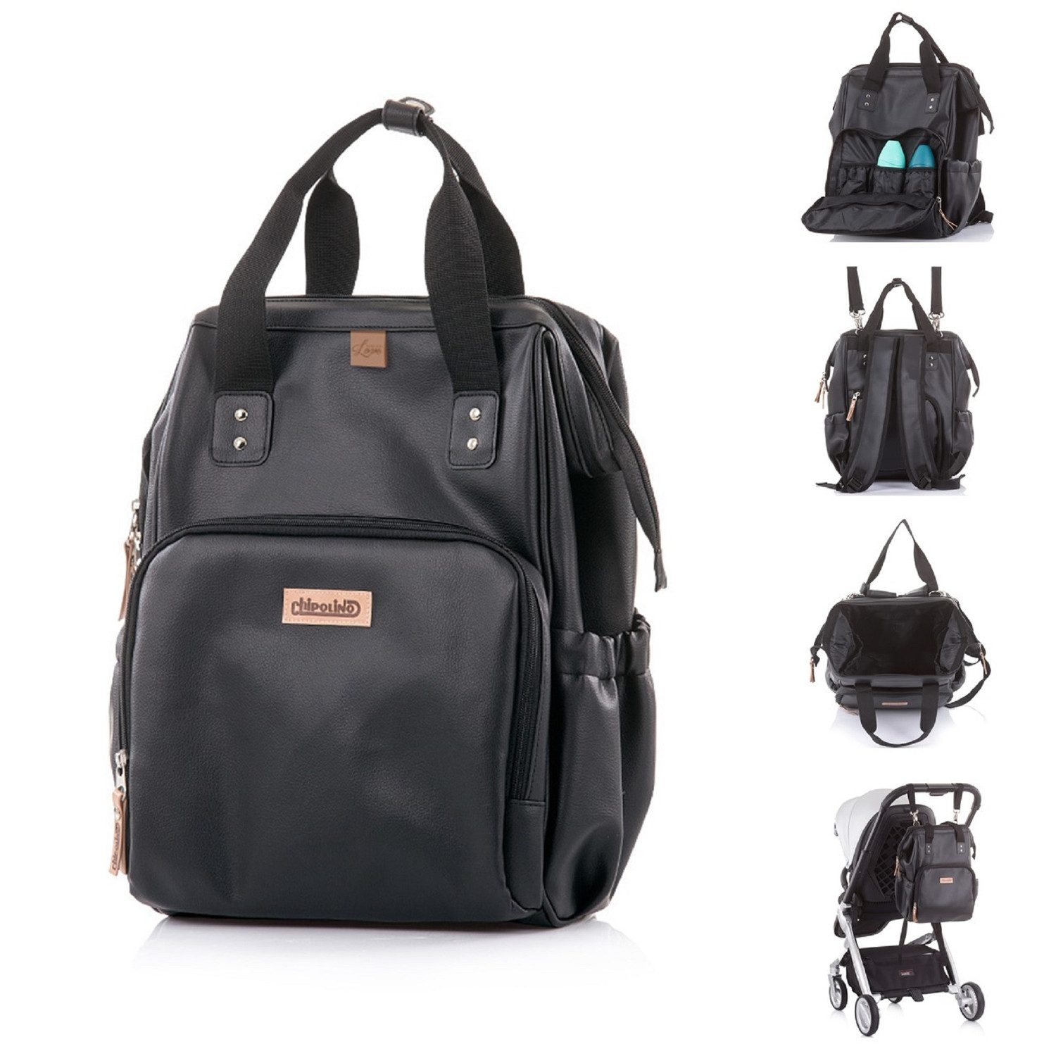 Chipolino Wickeltasche Kinderwagentasche, Rucksack (1-tlg), Kunstleder Wickelunterlage, Henkel Träger black