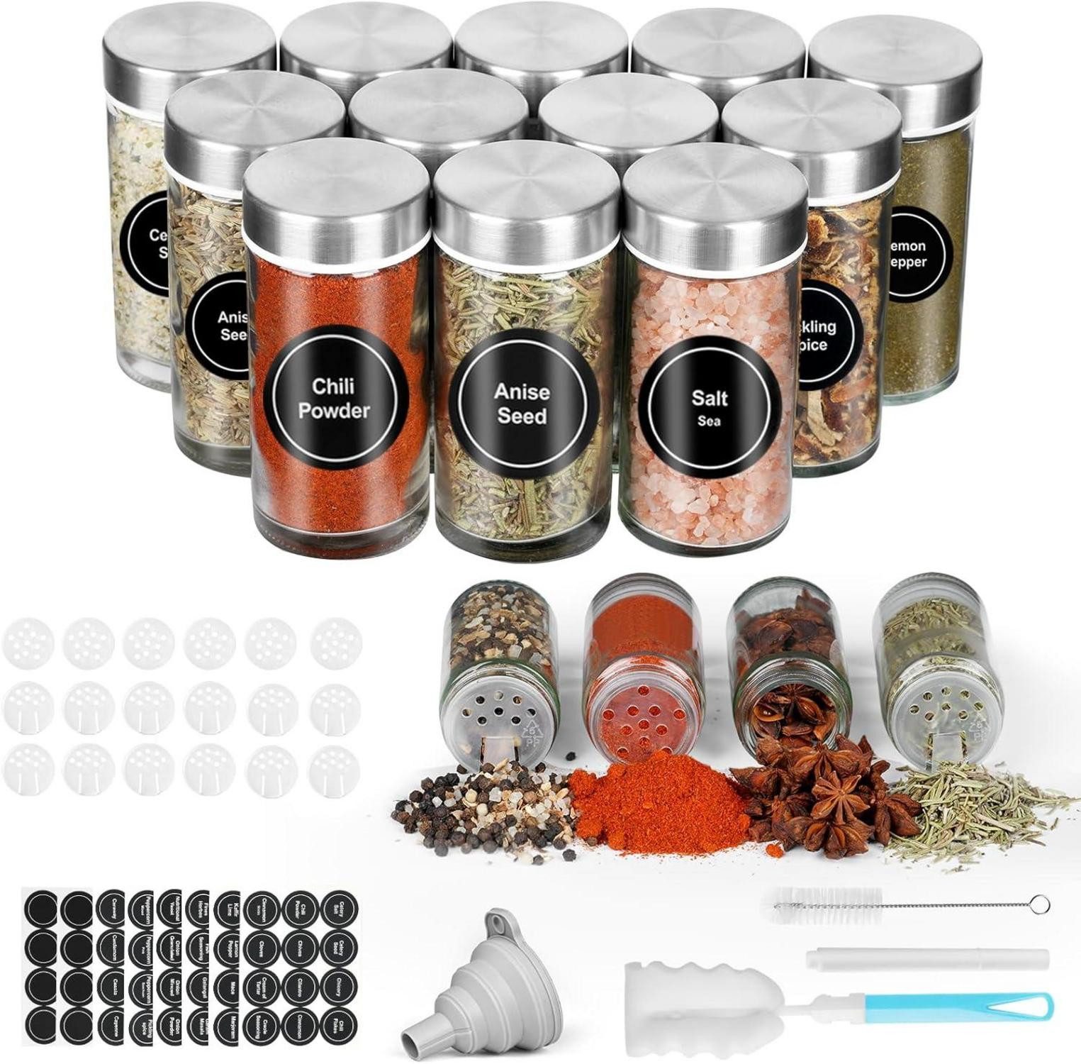 Gläser-Set Gewürzgläser Rund Glas Edelstahldeckeln Trichter Aufklebern Bürste