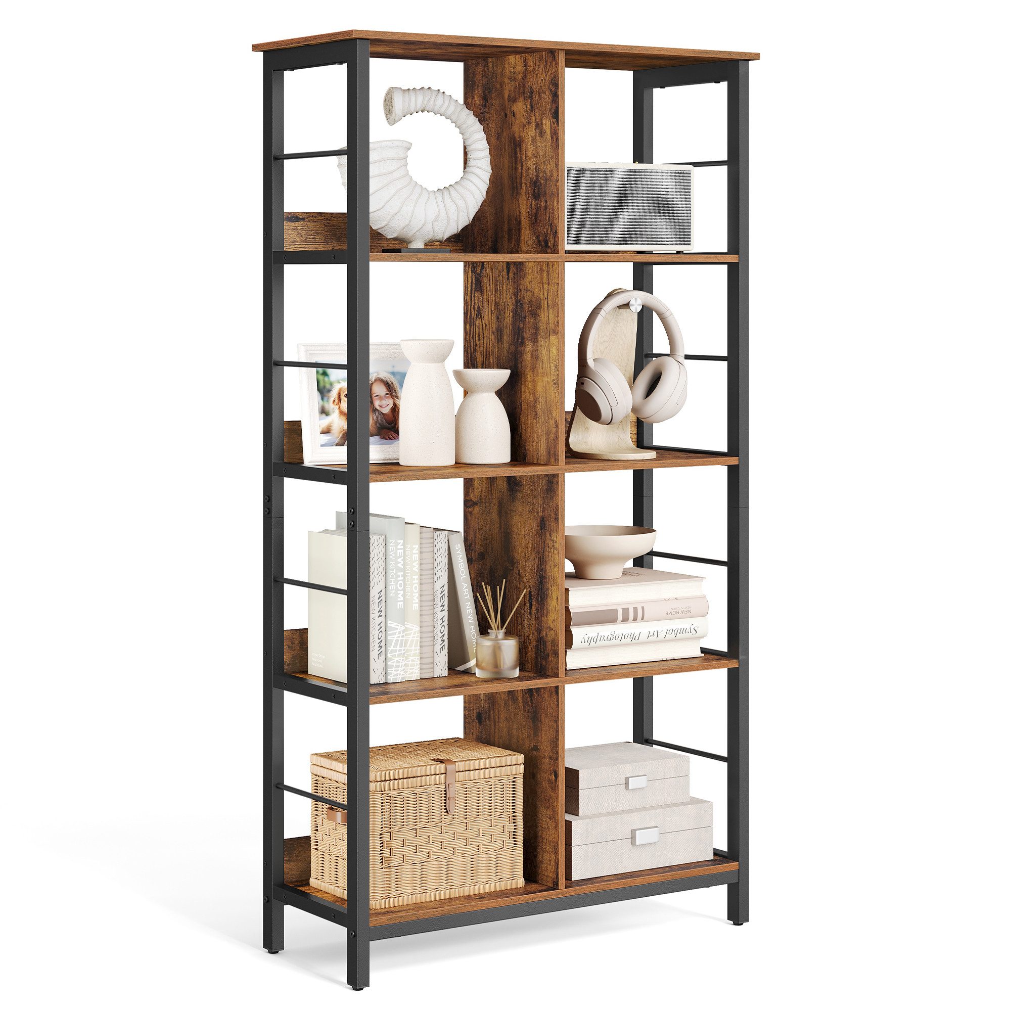 VASAGLE Bücherregal Standregal, für Büro, Wohnzimmer, Schlafzimmer, 80 x 33 x 149 cm, Büroregal, mit 8 Fächern, offen, Industrie, vintagebraun-schwarz