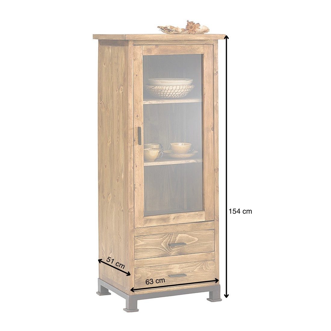 WOLF MÖBEL Vitrine MEXIKO Glasvitrine mit 1 Tür / 2 Schubladen Fuß Eisen (63x51x154)