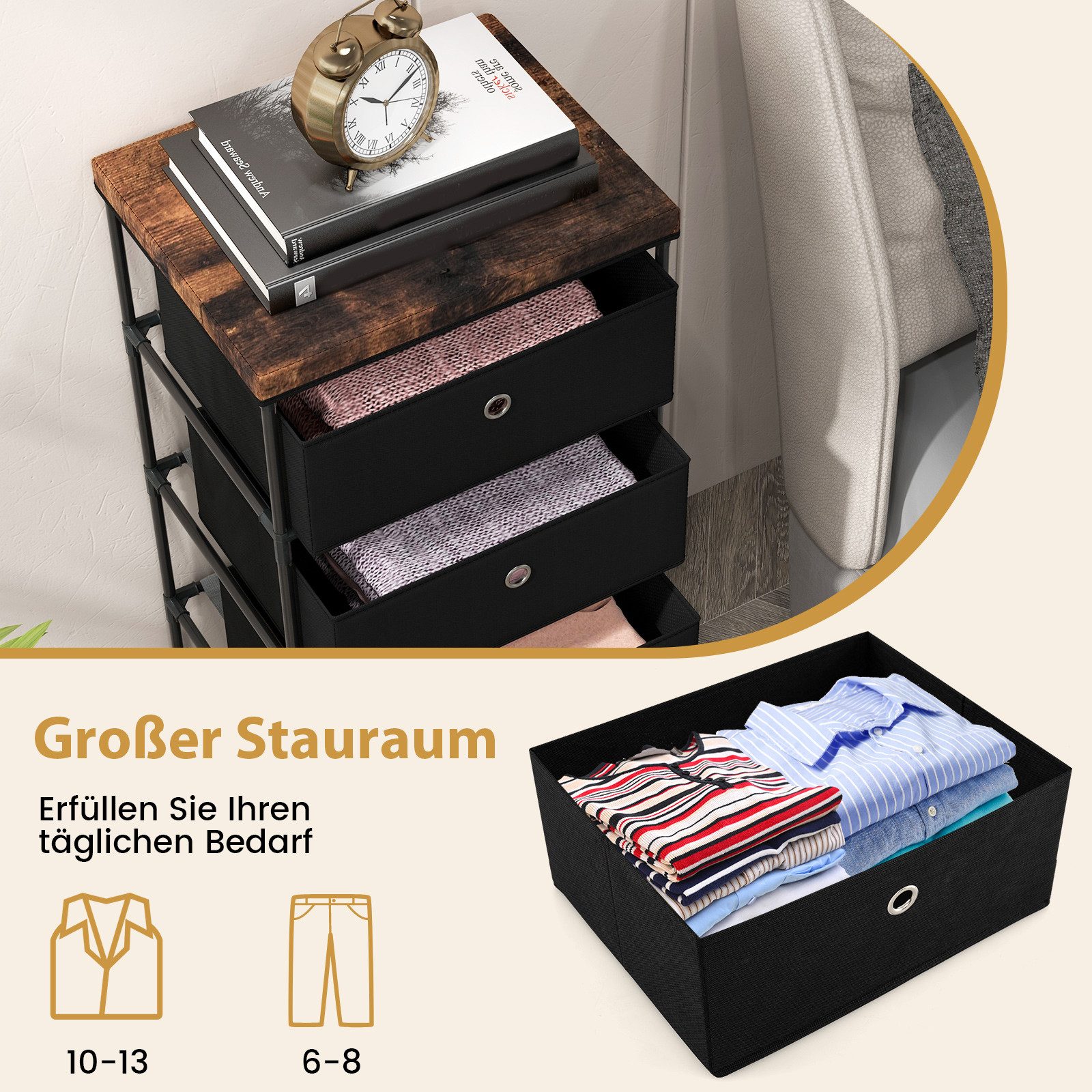 COSTWAY Nachttisch (1-St), mit 4 klappbarem Stoffschubladen, Metallrahmen, 33,5x42x84,5cm