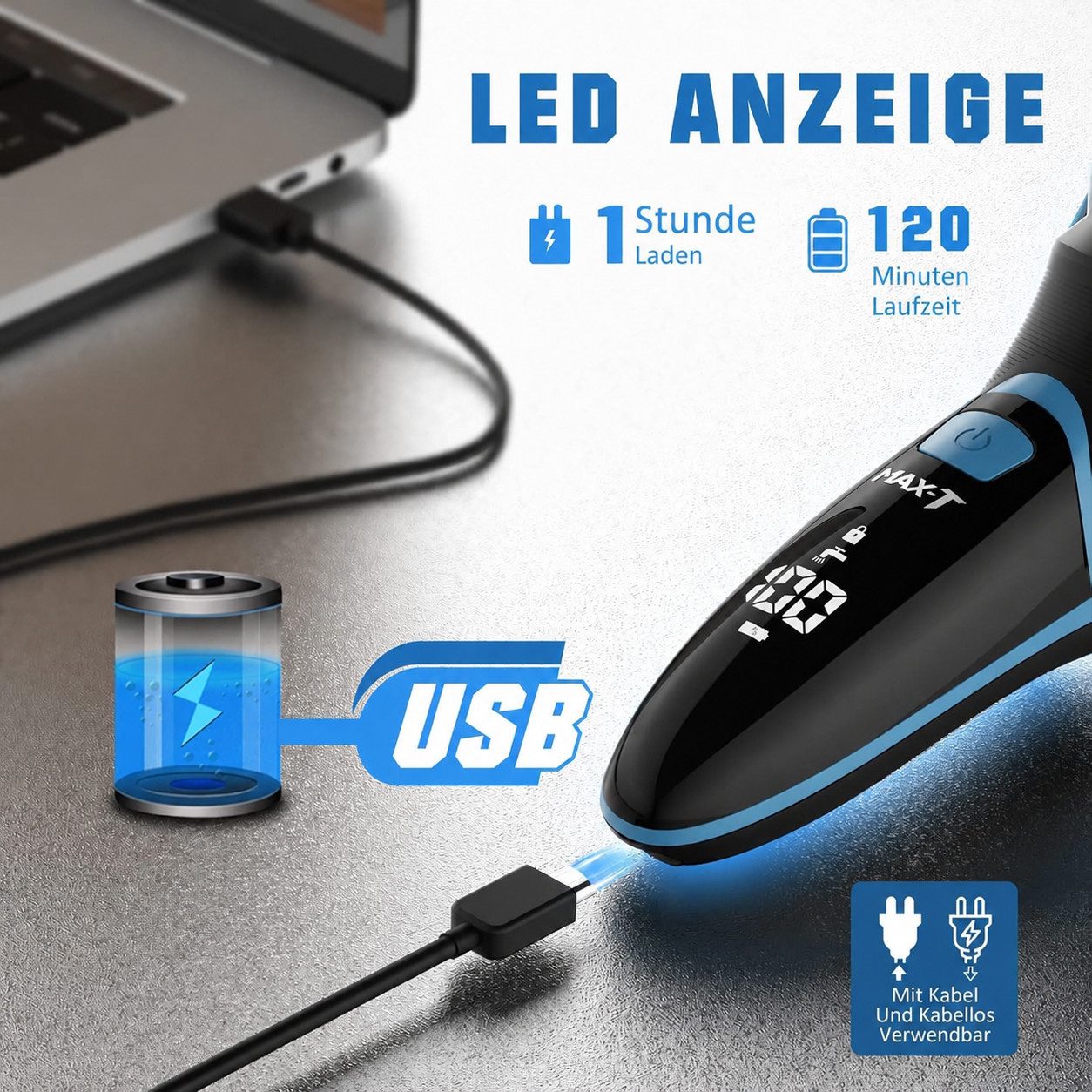 MAX-T Elektrorasierer Elektrischer Rasierer Wet & Dry, mit LED-Reisesicherung, mit ausklappbarem Präzisionstrimmer