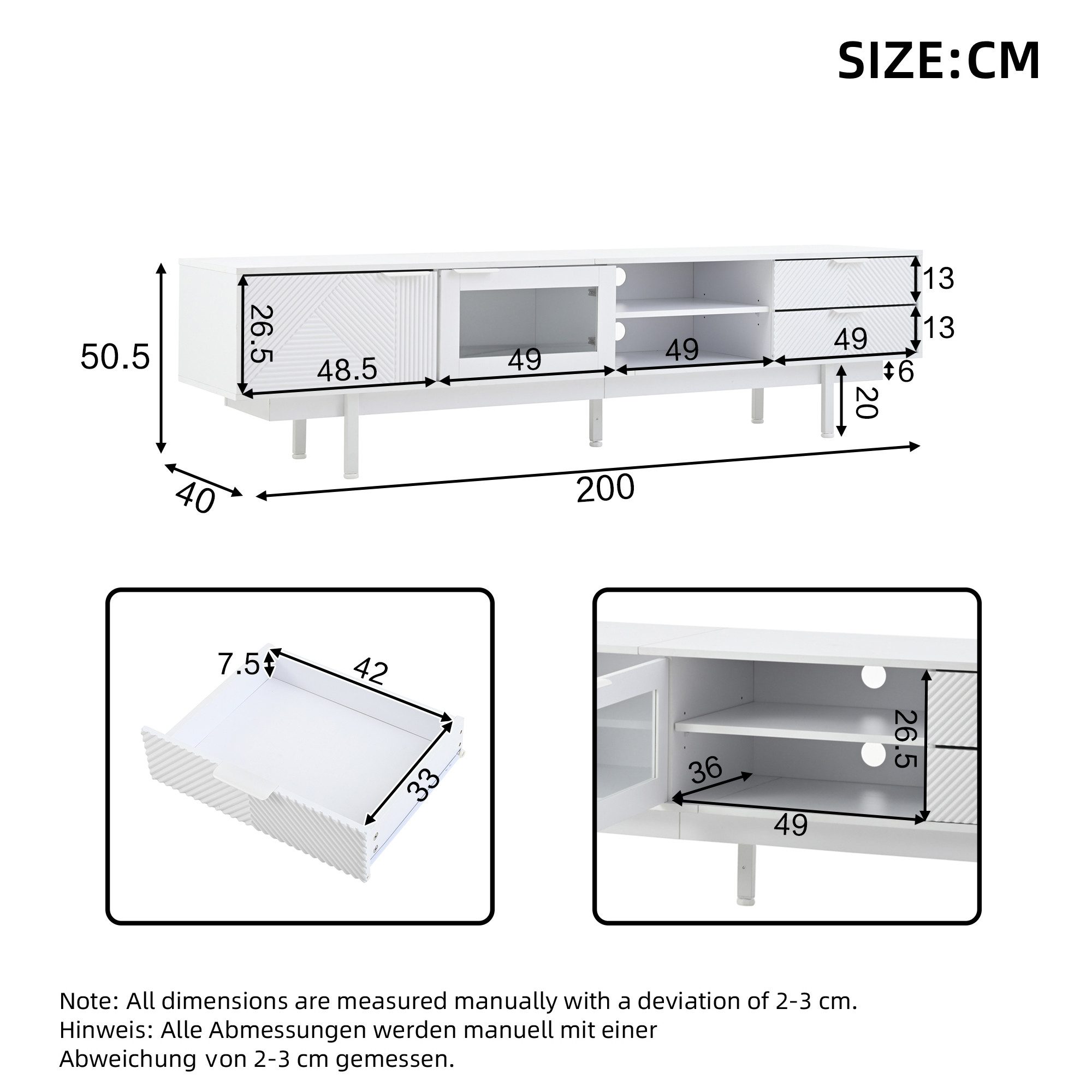 KLAM HOME Lowboard Lowboard Mit 2 Türen und 2 Schubladen,TV-Ständer mit großem Stauraum (200*40*50.5 cm moderner einfacher Fernsehschrank), Wohnraumschrank mit Gesamttragkraft von 45kg,Geeignet für 80-Zoll