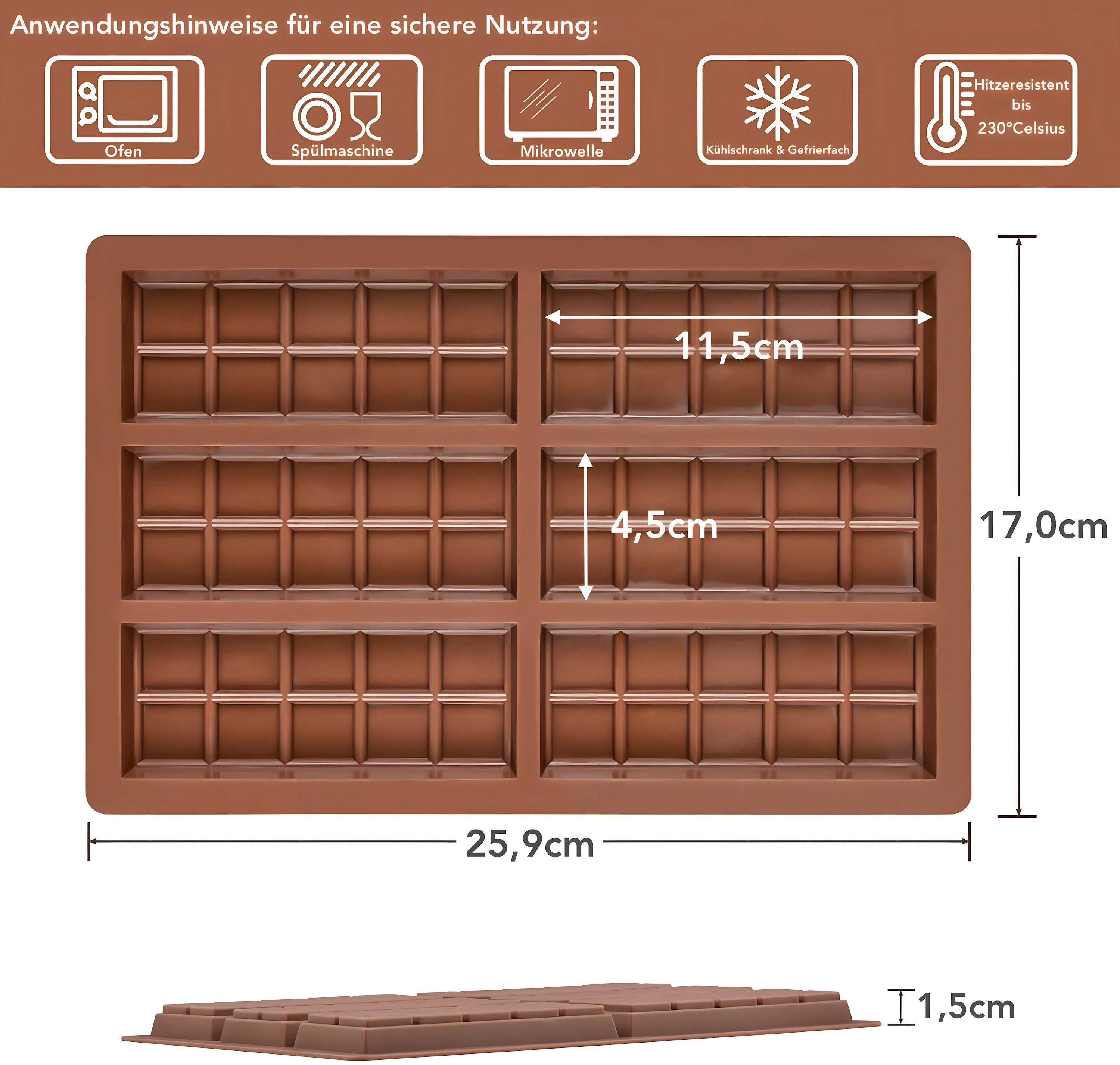 AVANA Schokoladenform aus Silikon für 6 Tafeln Schokolade BPA-frei Silikonform Schoko Form, antihaftbeschichtet, Braun