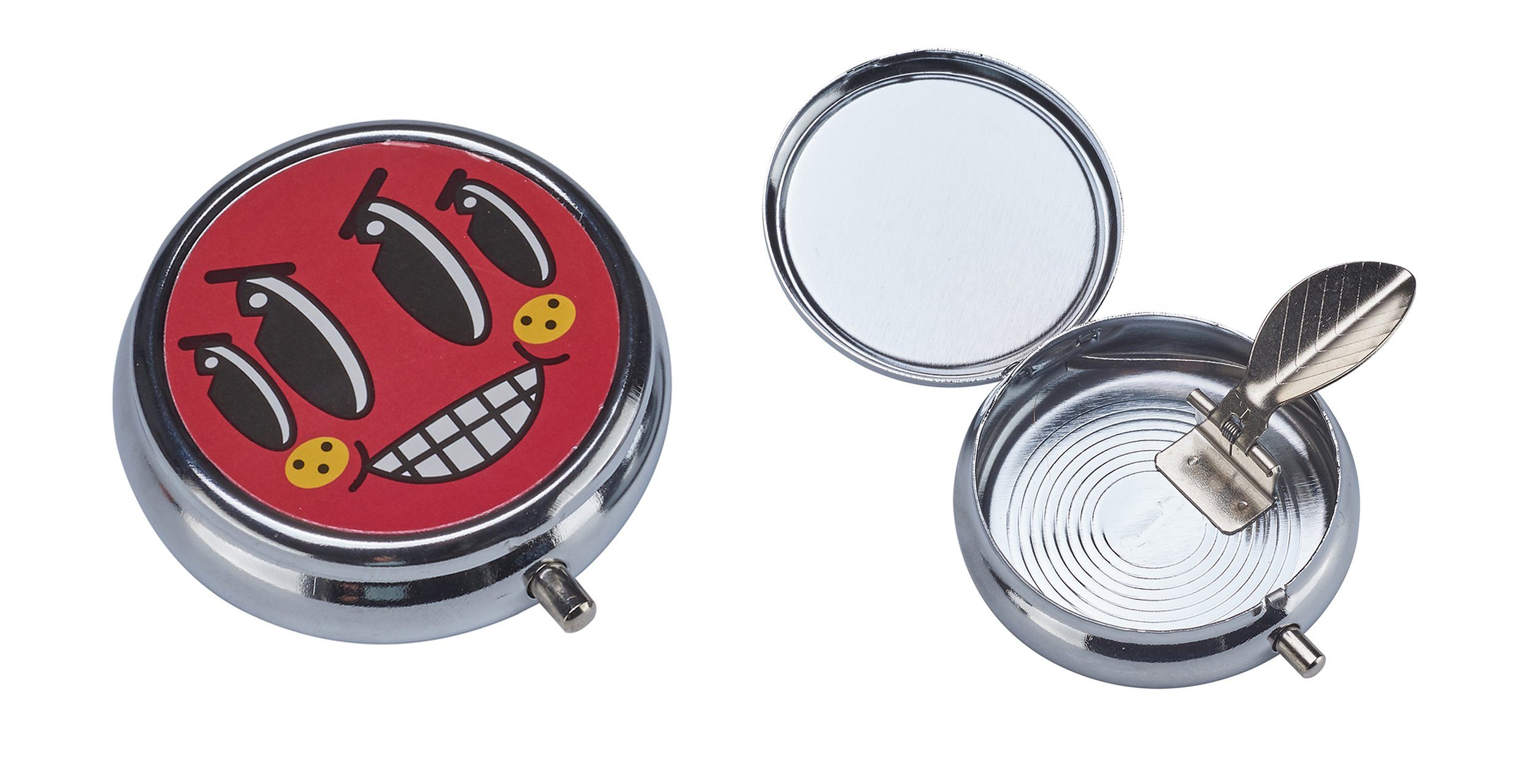 CHAMP Aschenbecher Taschen ASCHENBECHER "Funny Faces" Ø5cm mit Deckel aus Metall 46 (Rot), rund Mini Taschenaschenbecher Reiseaschenbecher Reise Outdoor