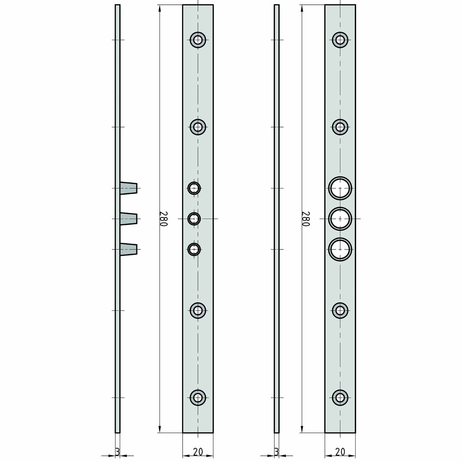 BASI Türbandseitensicherung BASI® 2x Bändersicherung mit 3 Zapfen 280x20mm BS280 Typ 9552-0000, 2xBändersicherung mit 3 Zapfen Typ 9552-0000 BS 280