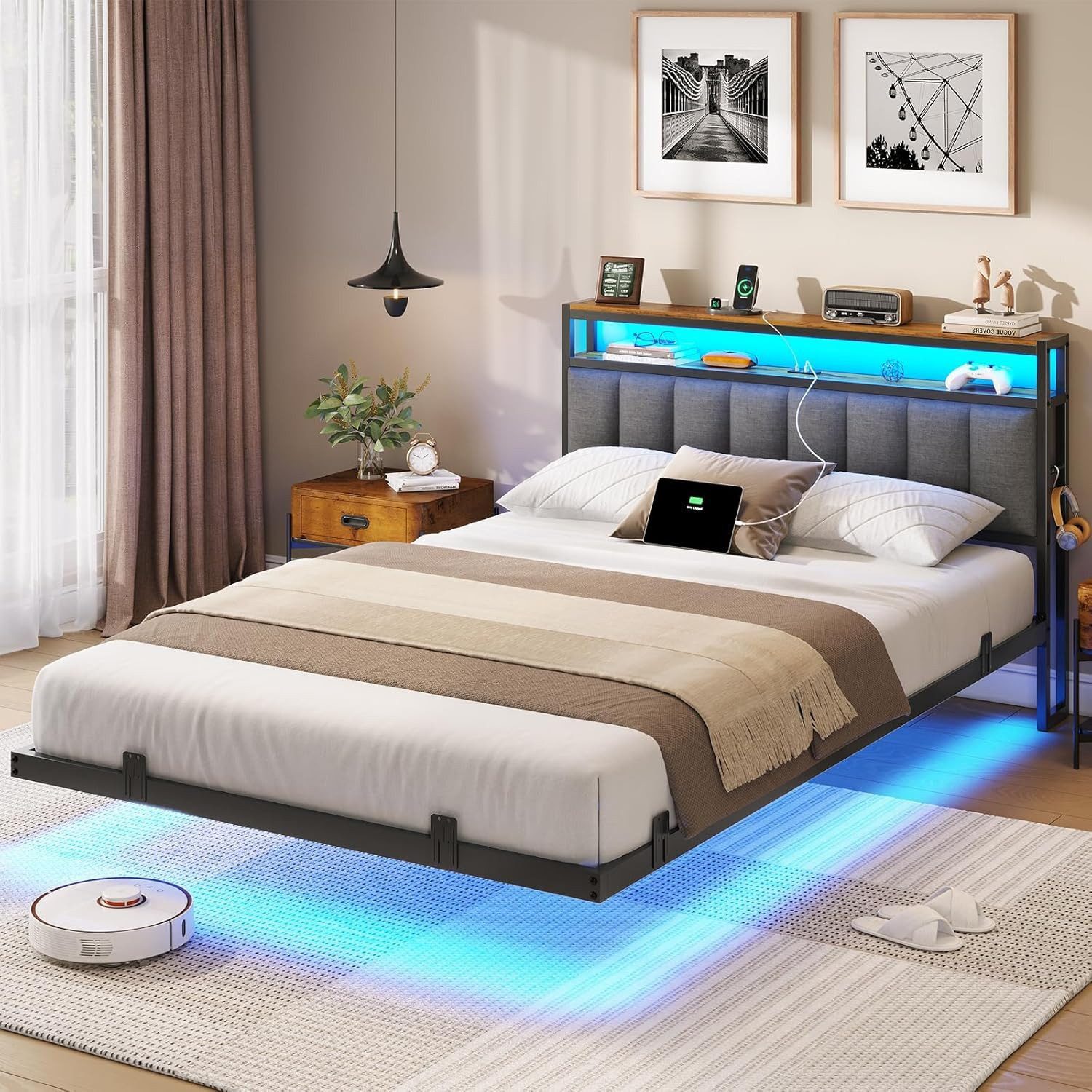 MSMASK Polsterbett mit Ladestation und LED-Beleuchtung, Dunkelgrau, 140x200 günstig online kaufen