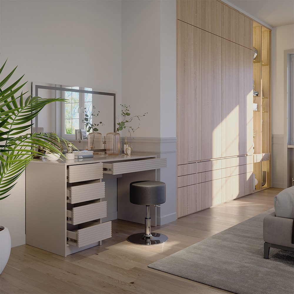 Vicco Schminktisch Sherry, Cashmere, 120 cm mit LED-Spiegel und Hocker (2-S günstig online kaufen