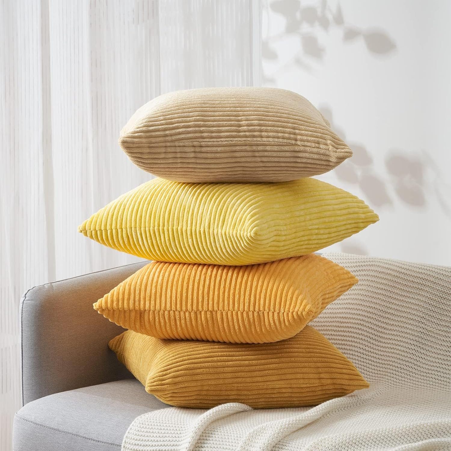 Topfinel Kissenbezüge 4er Set Kordsamt, flauschig Farbverlauf, Gestreift, sofakissen gelb cord kissen 50x50 kissenbezug deko kissen couchkissen