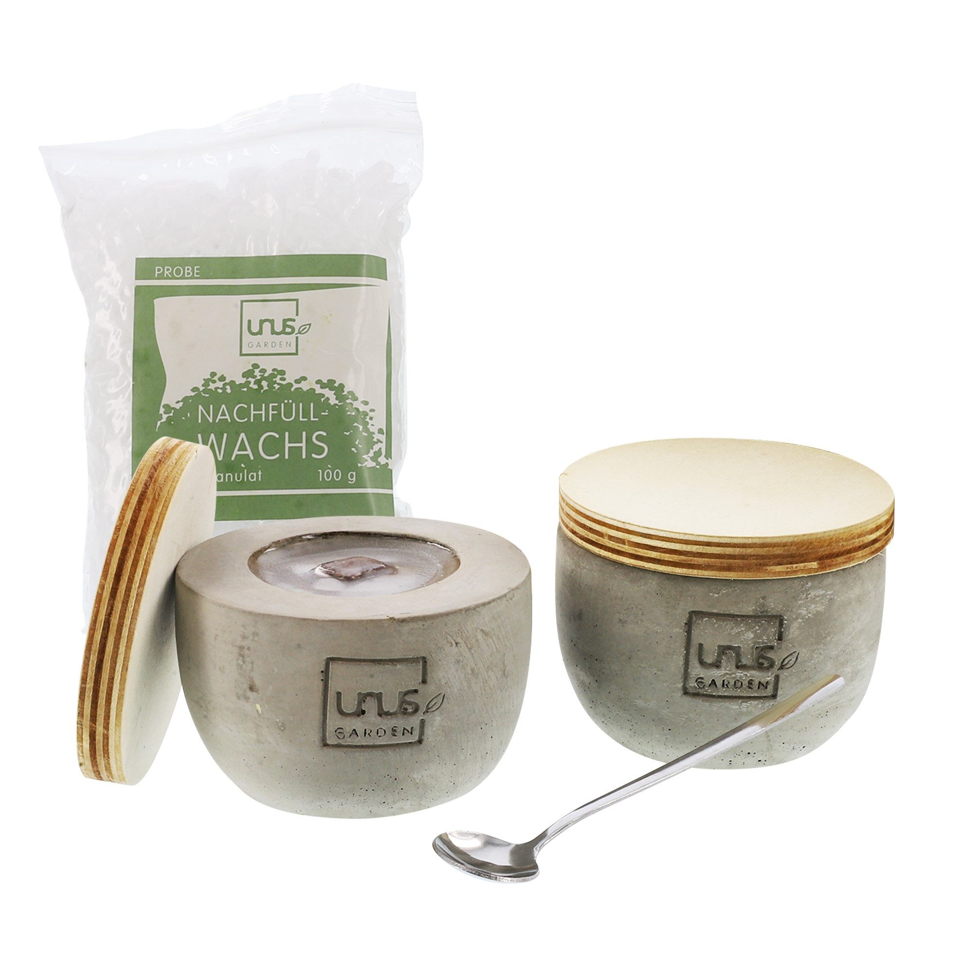 UNUS GARDEN Outdoorkerze Kerzen quaderförmig 2er Set handgemacht (inklusive Nachfüll-Wachs, Löffel und Löschdeckel), Kerzenfeuer Tischfeuer Outdoor-Tischfeuer Beton-Kerze Rund-Kerze