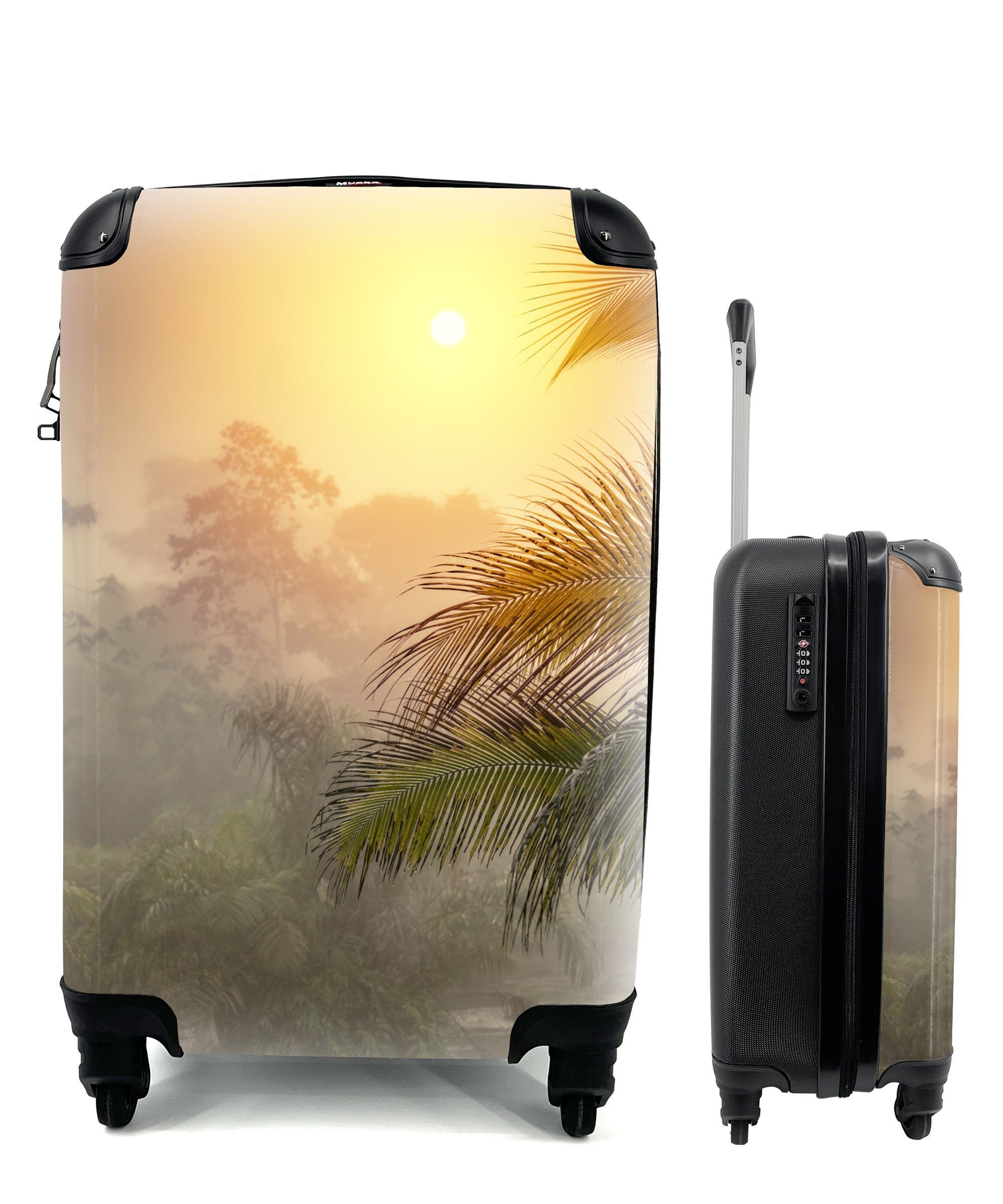 MuchoWow Handgepäckkoffer Landschaft mit Nebel und Palmen, 4 Rollen, Reisetasche mit rollen, Handgepäck für Ferien, Trolley, Reisekoffer