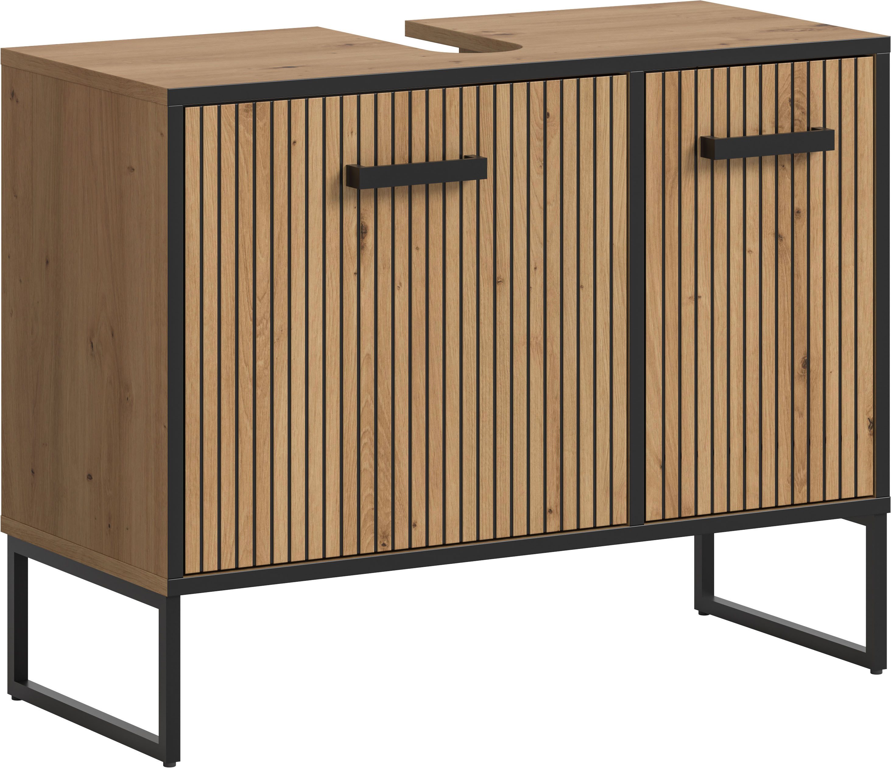 welltime Waschbeckenunterschrank LOCRI, Höhe 63 cm, 2 Türen, 2 Einlegeböden, mit Siphonausschnitt (1-St., industrial Look mit Rillenoptik & Metall Kufen) Badmöbel, Badschrank, Badkommode, Kommode, Schrank, Bad, Badezimmer