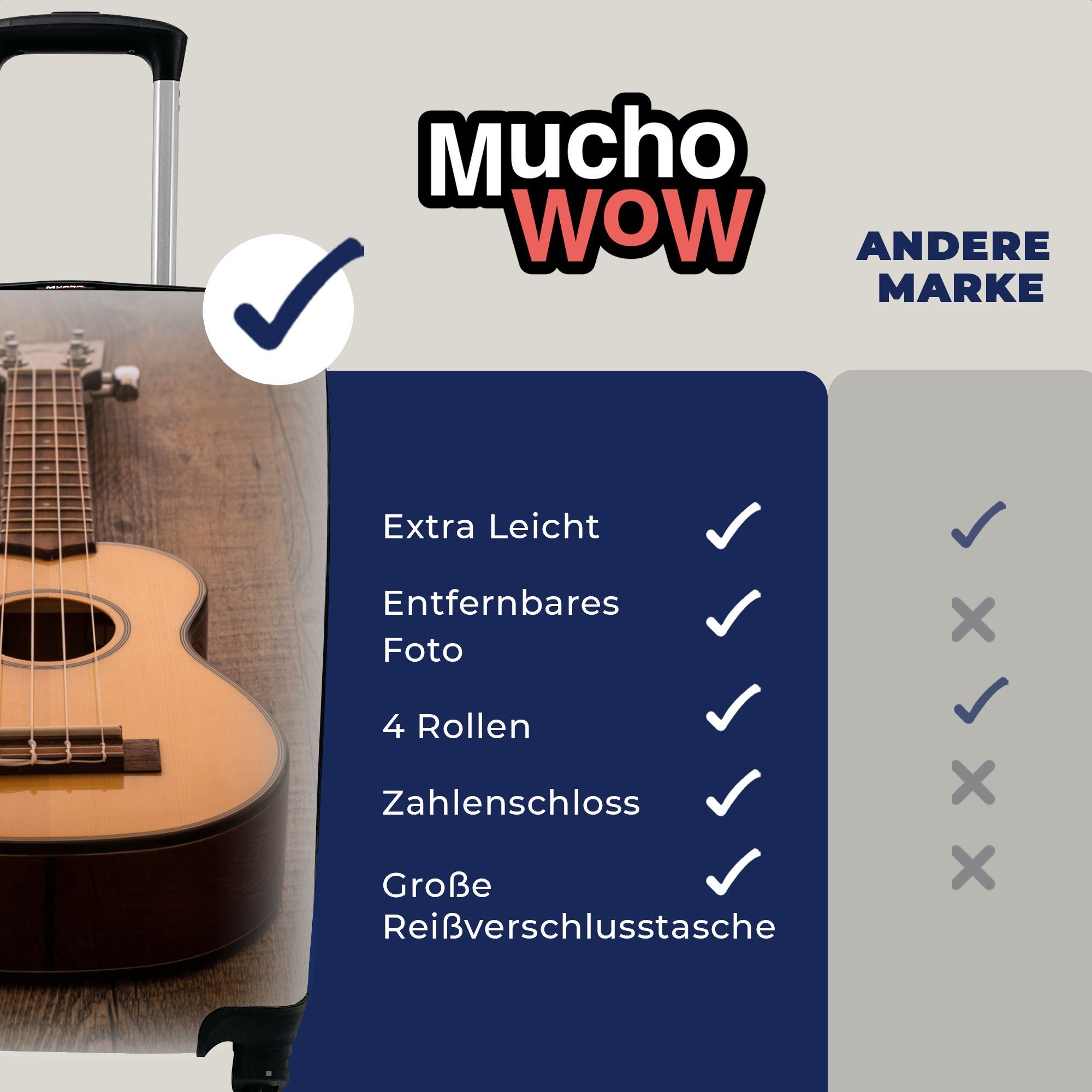 MuchoWow Handgepäckkoffer Akustische Gitarre auf Trolley, Reisetasche rollen, Ferien, mit für Handgepäck einem Holztisch, Rollen, Reisekoffer 4