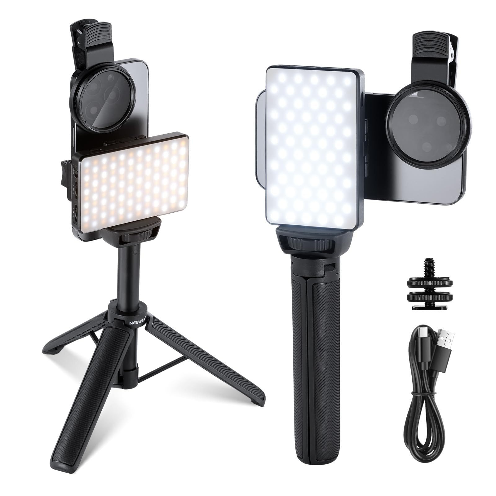 Neewer Videoleuchte BL120B LED Selfie & Tattoo Licht, für iPhone, Aufsteckbarer CPL Filter, Stativ/Handyhalter, Reflexion entfernen, für Lebensmittel Fotografie