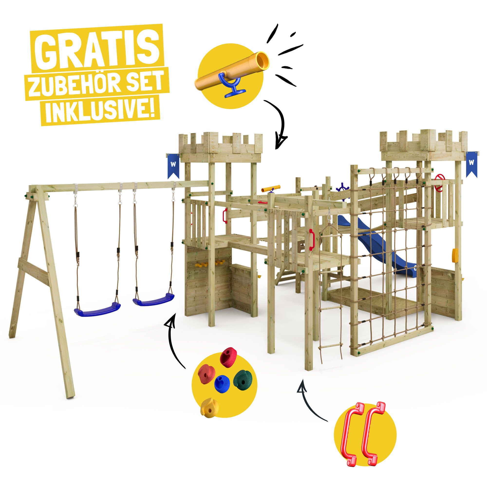 Wickey Klettergerüst Smart Arch – Ritterburg-Spielturm mit Wackelbrücke, Rutsche & Schaukel, (Kletterturm in Burg-Optik mit Kletternetz & Kletterseil, Abenteuer-Spielhaus für kleine Ritter & Prinzessinnen), Unvergessliche Abenteuer für Kinder & 10 Jahre Garantie*