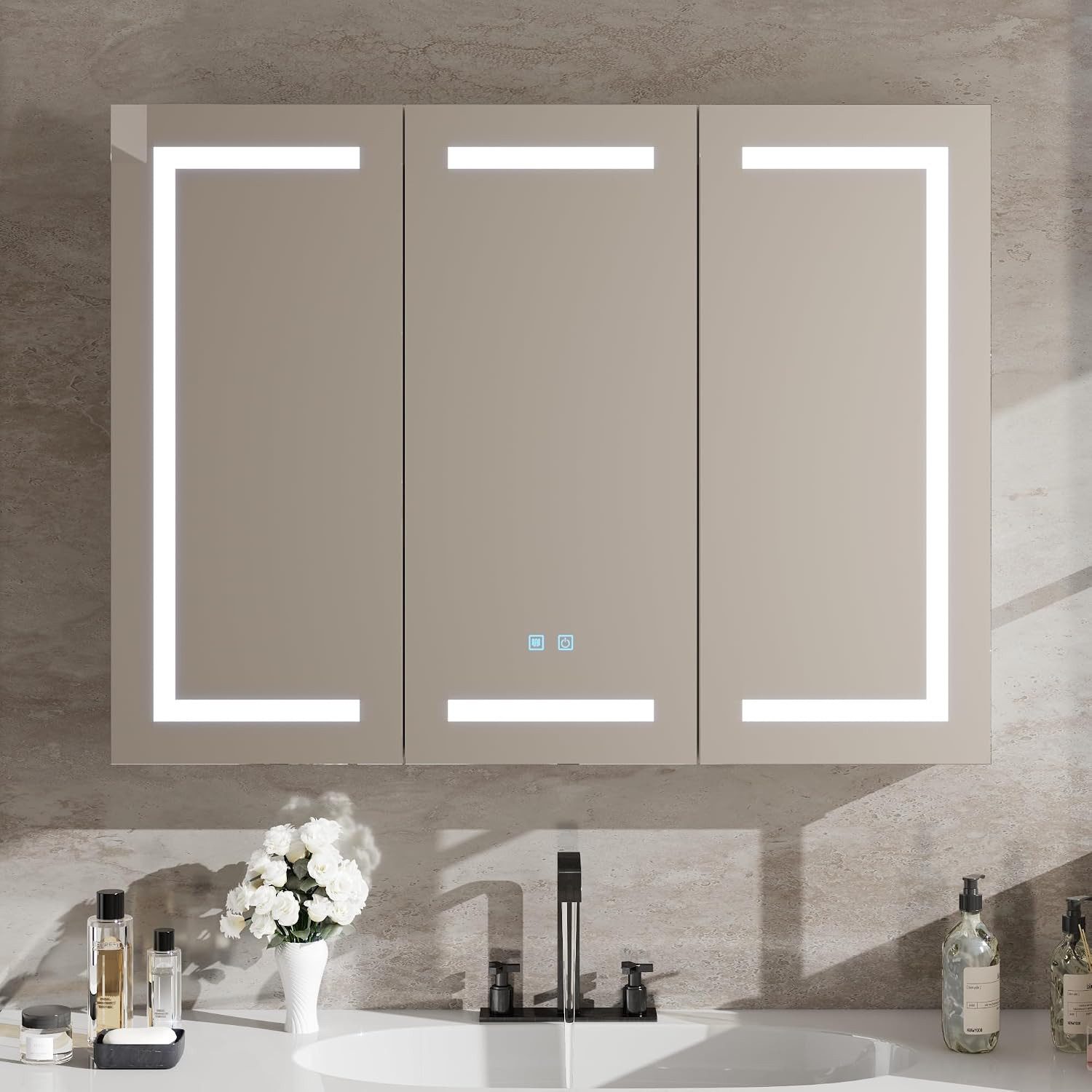 FUFU&GAGA Badezimmerspiegelschrank Spiegelschrank 120cm LED Touch, 3 Türen, Badezimmer Badschrank, Weiß – Bild 2 von 5