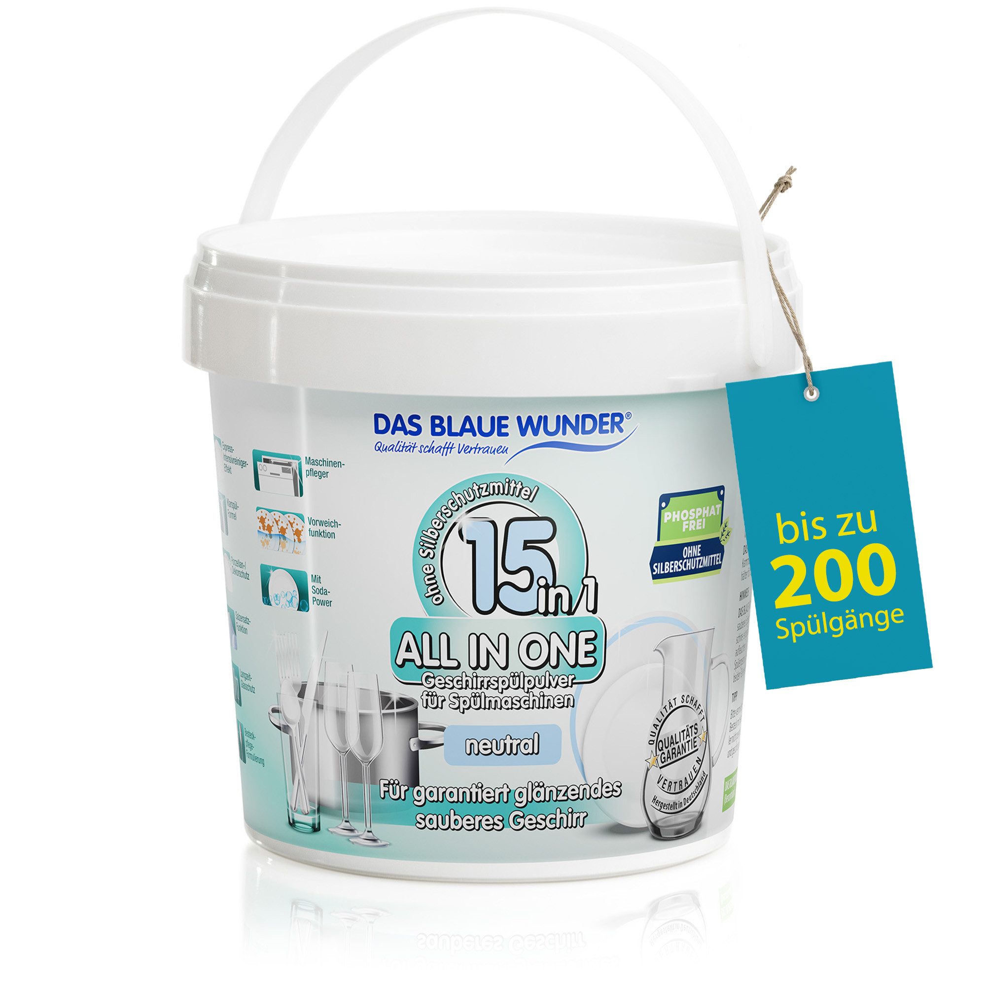 Das Blaue Wunder® All in One 15in1 Geschirrspülpulver phosphatfrei Spülmaschinenpulver (Bis zu 200 Spülgänge, 15 Funktionen mit Soda Power Effekt, 1.000 g)
