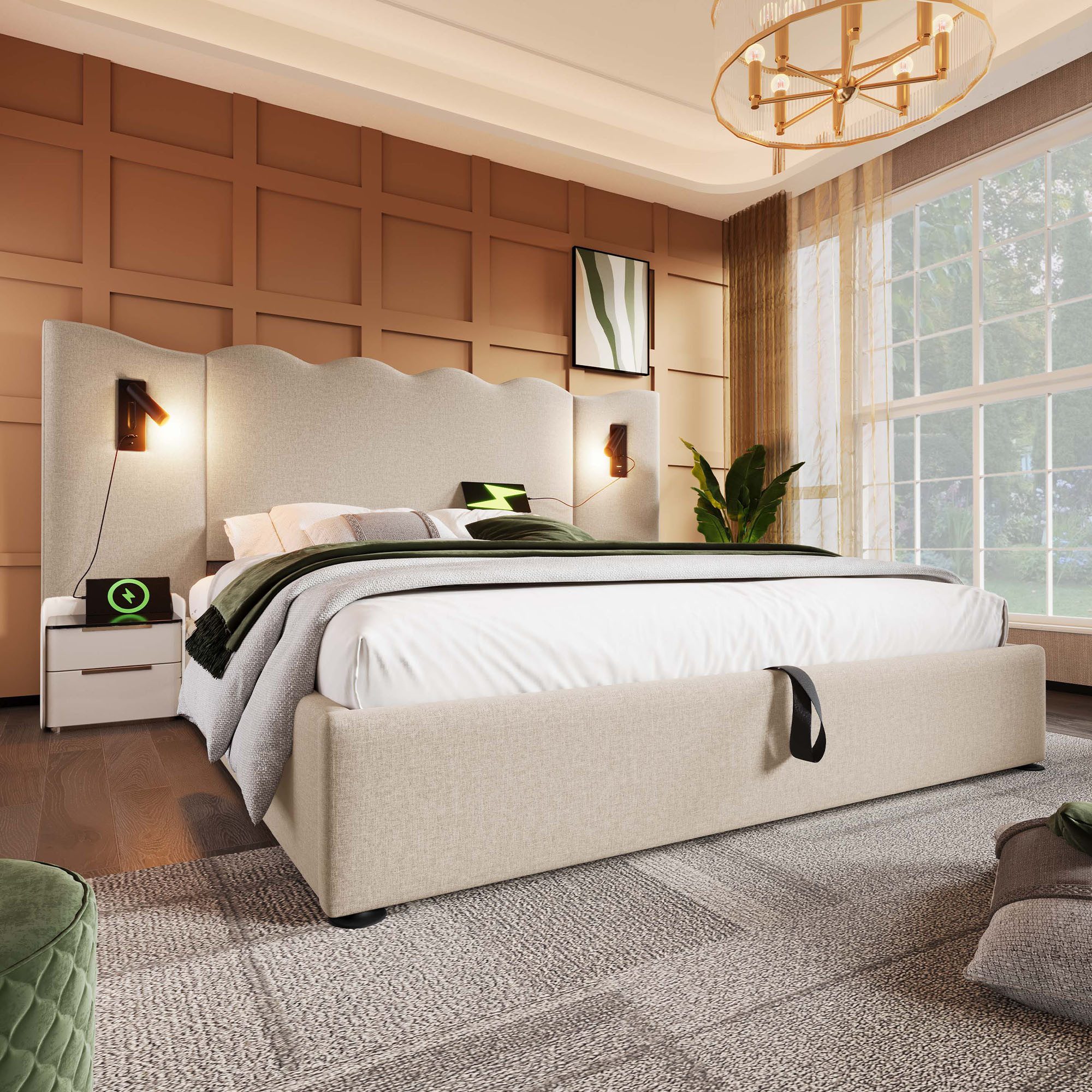 Celya Polsterbett Doppelbett mit Leselampe und USB Type-C Ladefunktion (ohne Matratze, 180×200, mit Lattenrost), Geeignet für Schlafzimmer, Jugendzimmer und Gästezimmer